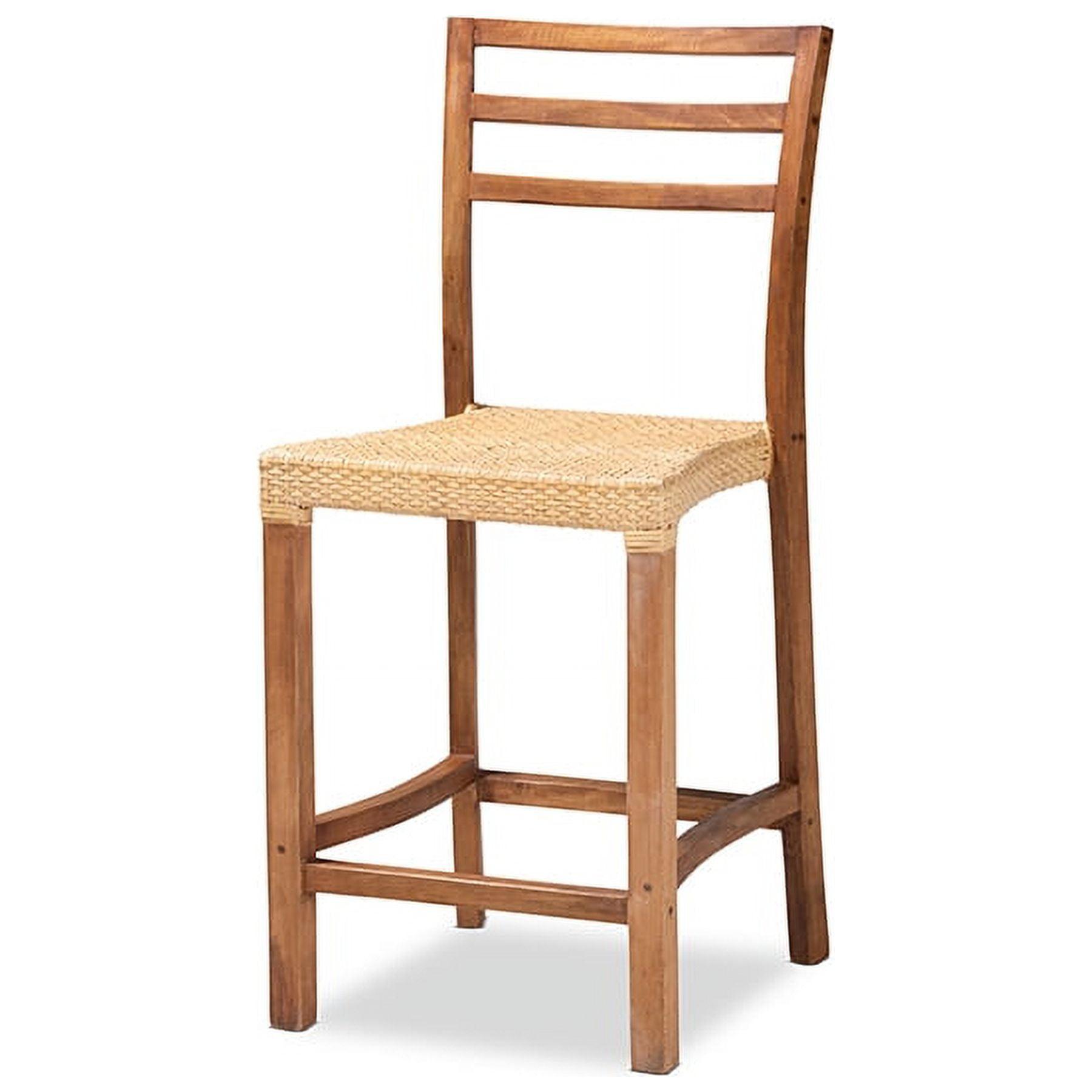 Arthur Mid-Century Walnut Brown Wood and Rattan Counter Stool