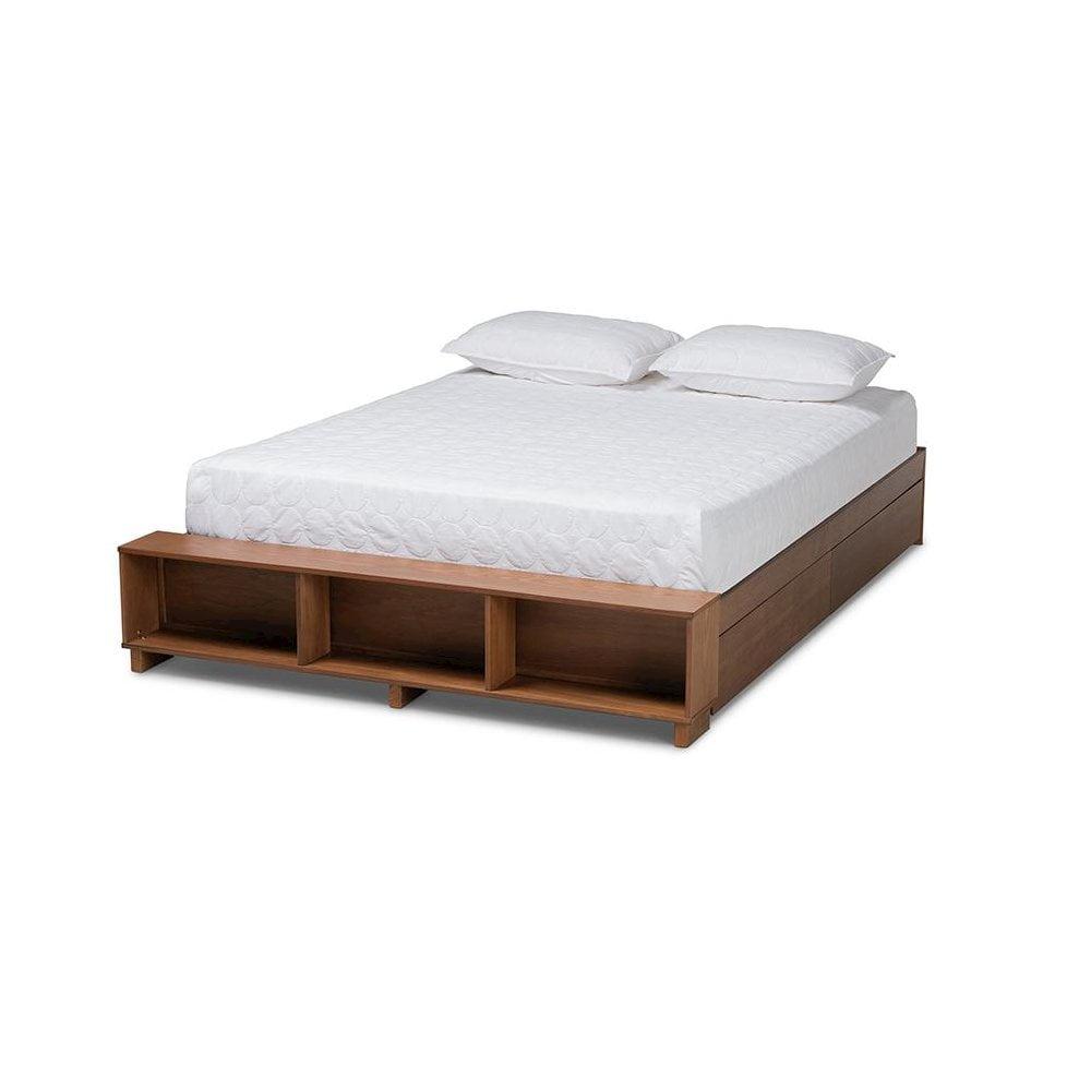 Queen Arthur Wood Platform Bed with Built-In Shelves Ash Walnut - Baxton Studio: Storage Drawers & No Box Spring Needed