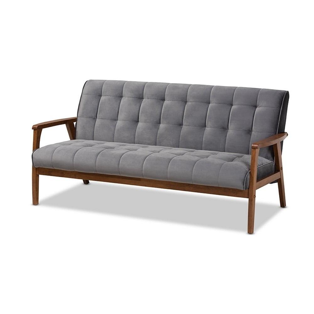 Asta 64'' Grey Velvet and Walnut Mid-Century Sofa