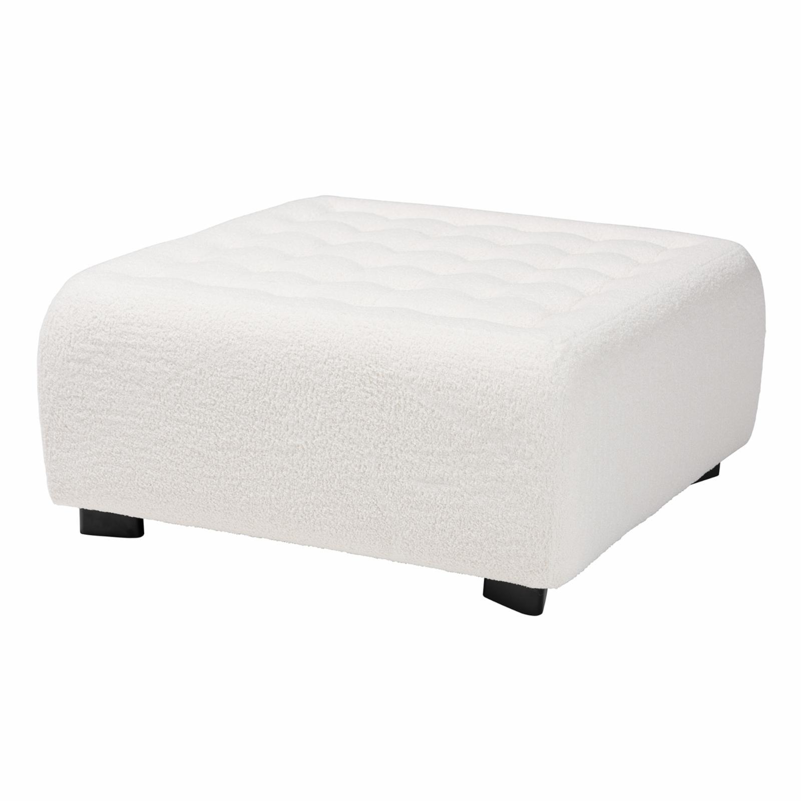 Ivory Boucle Upholstered Box Tufted Ottoman with Black Wood Legs