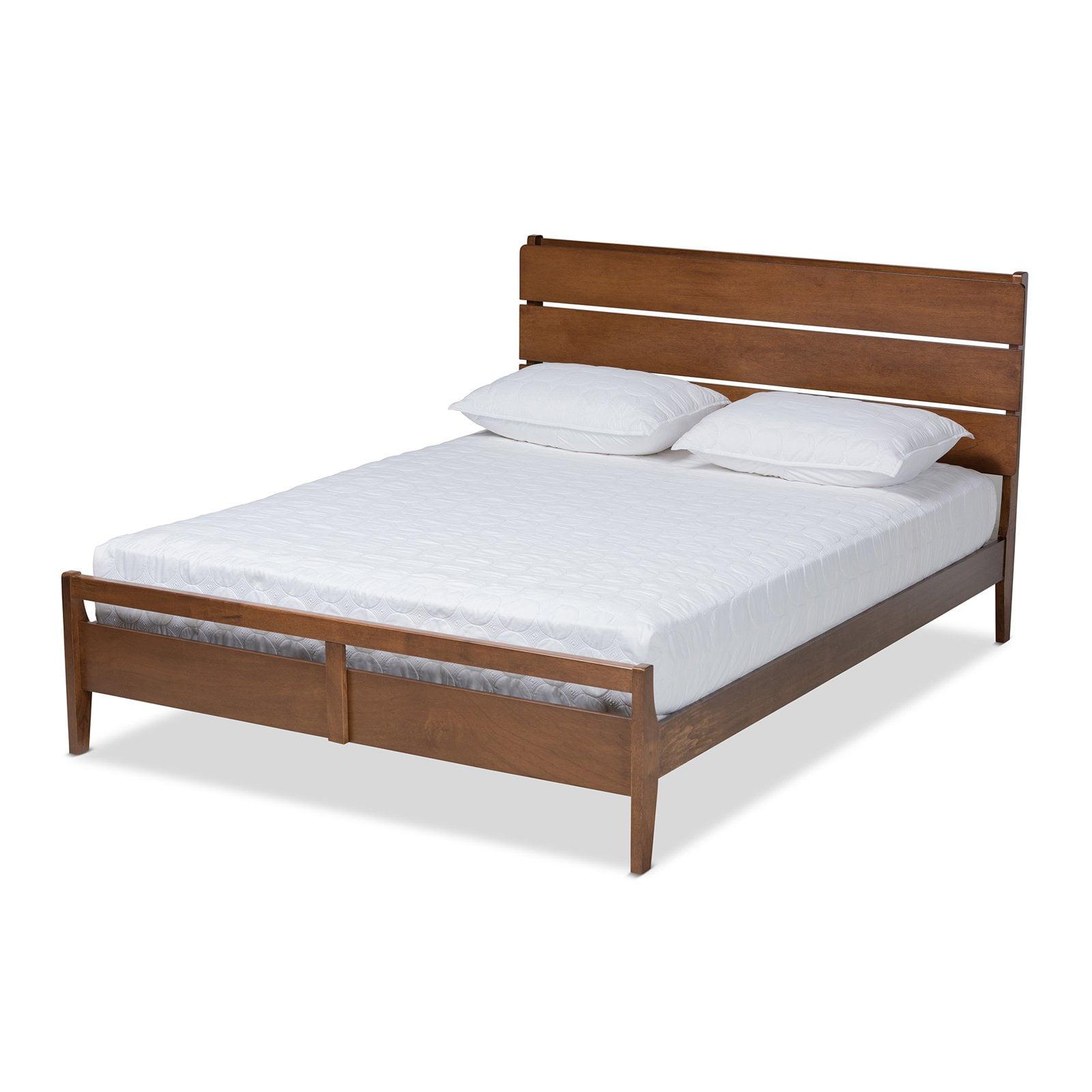 Walnut Finished Wood Queen Size Platform Bed with Slat Headboard