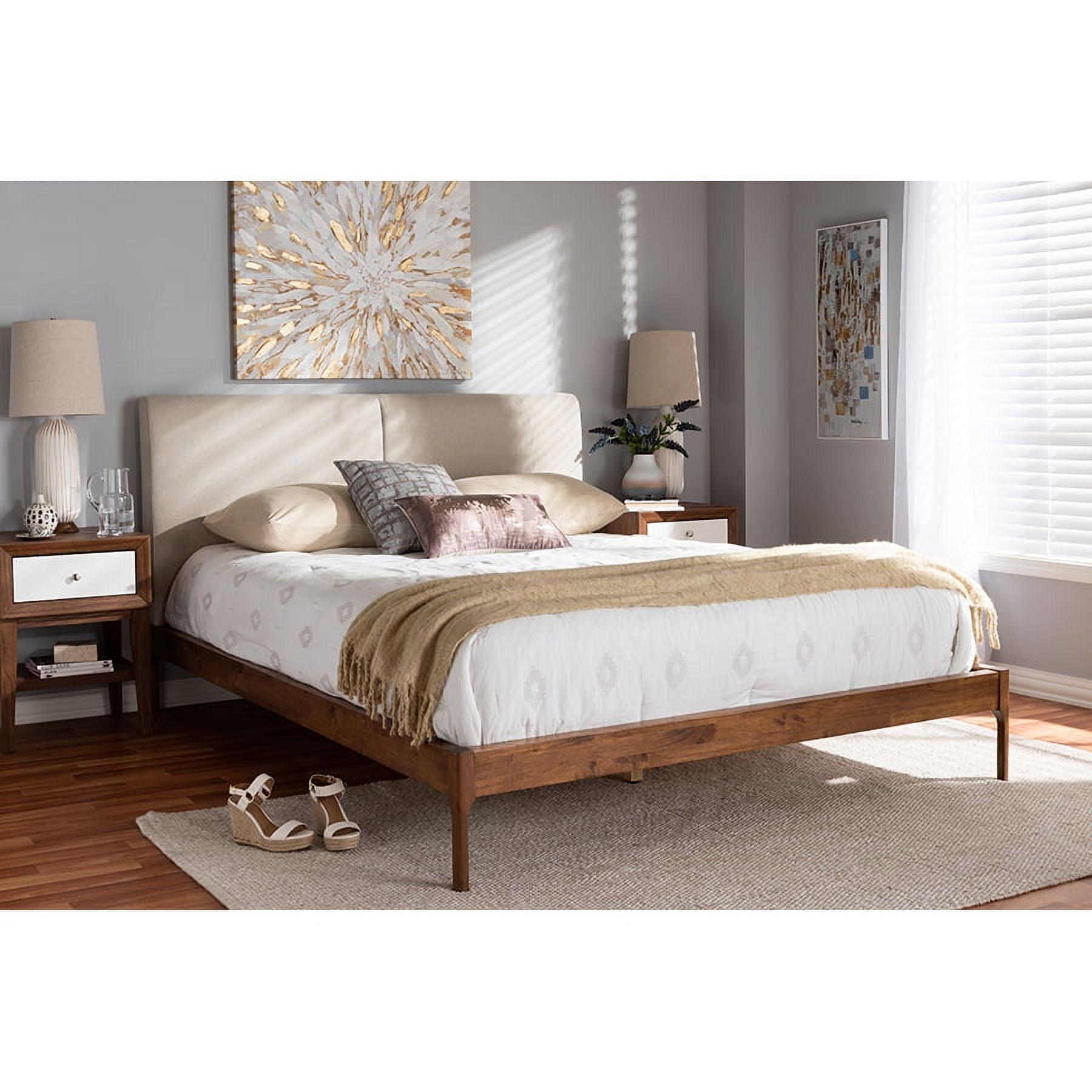 Mid-Century Modern Beige Oak Upholstered Full Platform Bed