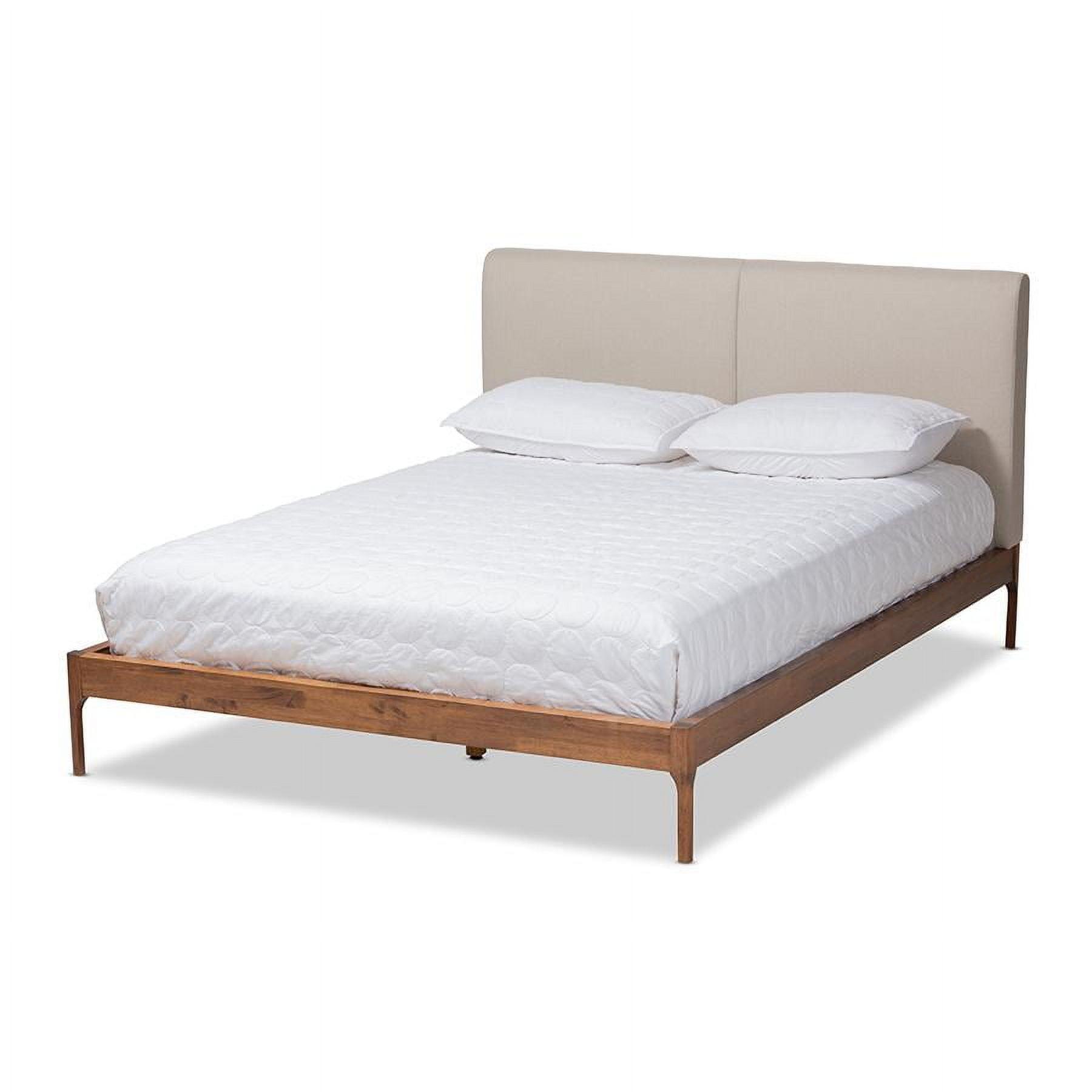Mid-Century Modern Beige Upholstered Queen Bed with Oak Frame
