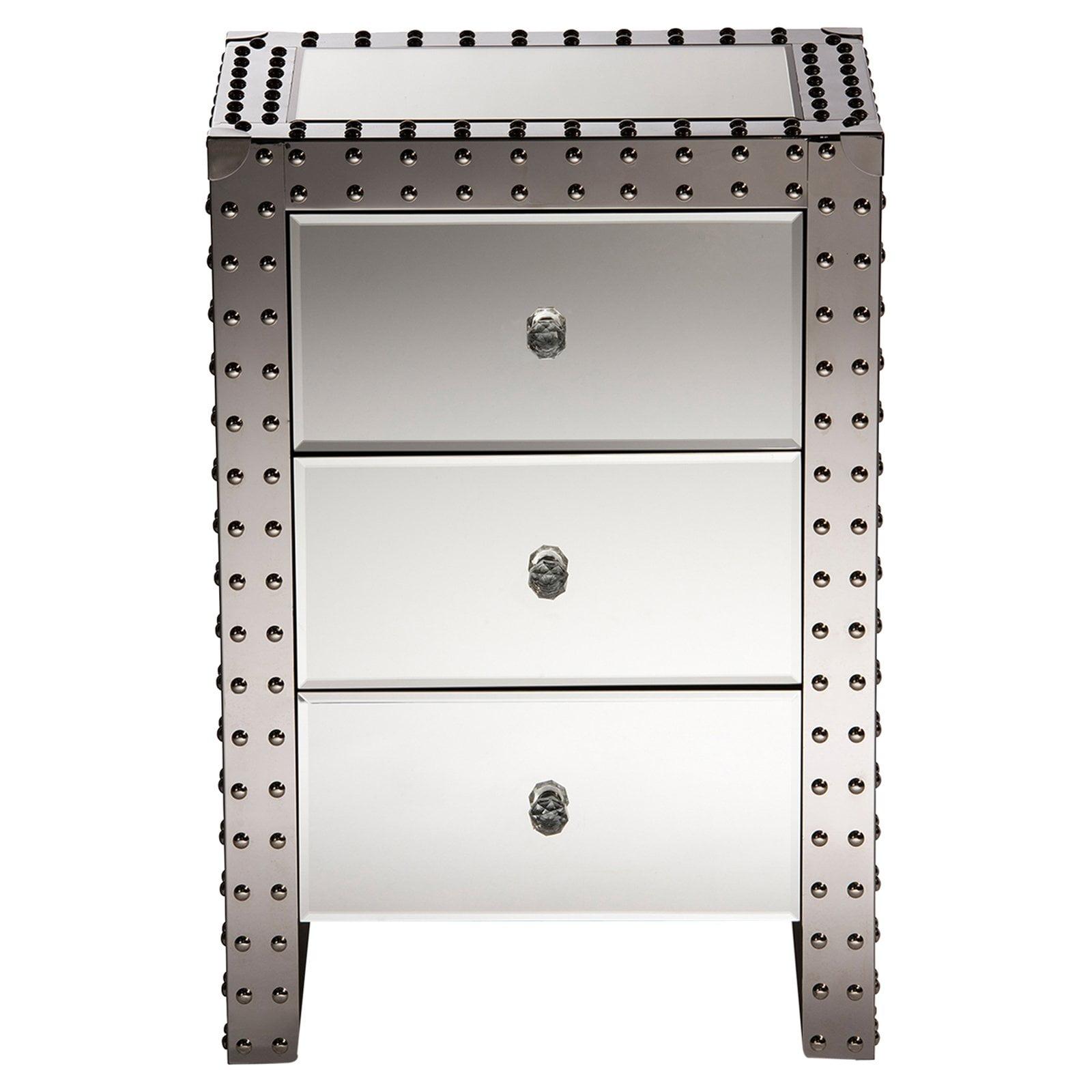 Azura Silver Mirrored 3-Drawer Nightstand with Nailhead Trim