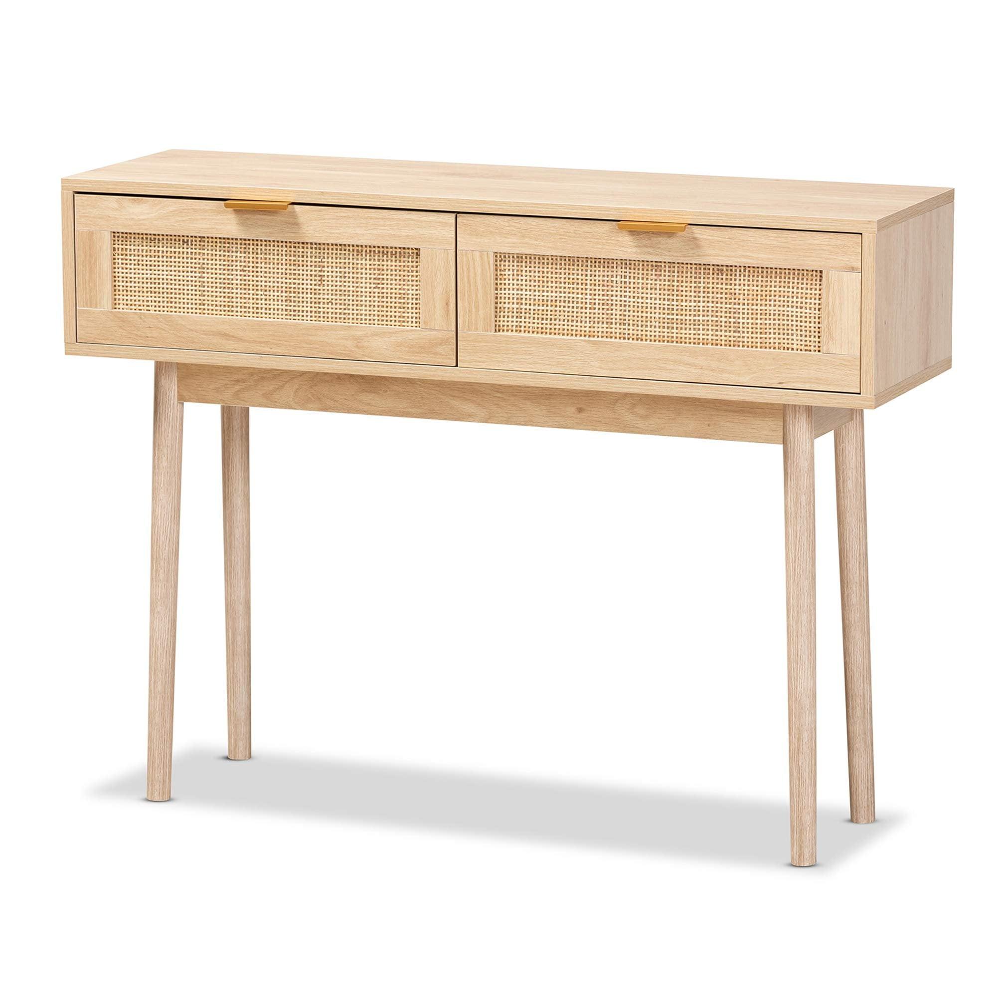 Light Oak Brown Wood and Rattan 2-Drawer Console Table