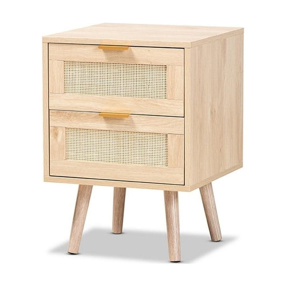 Light Oak Brown 16" Wood and Rattan Nightstand with Gold-Tone Handles