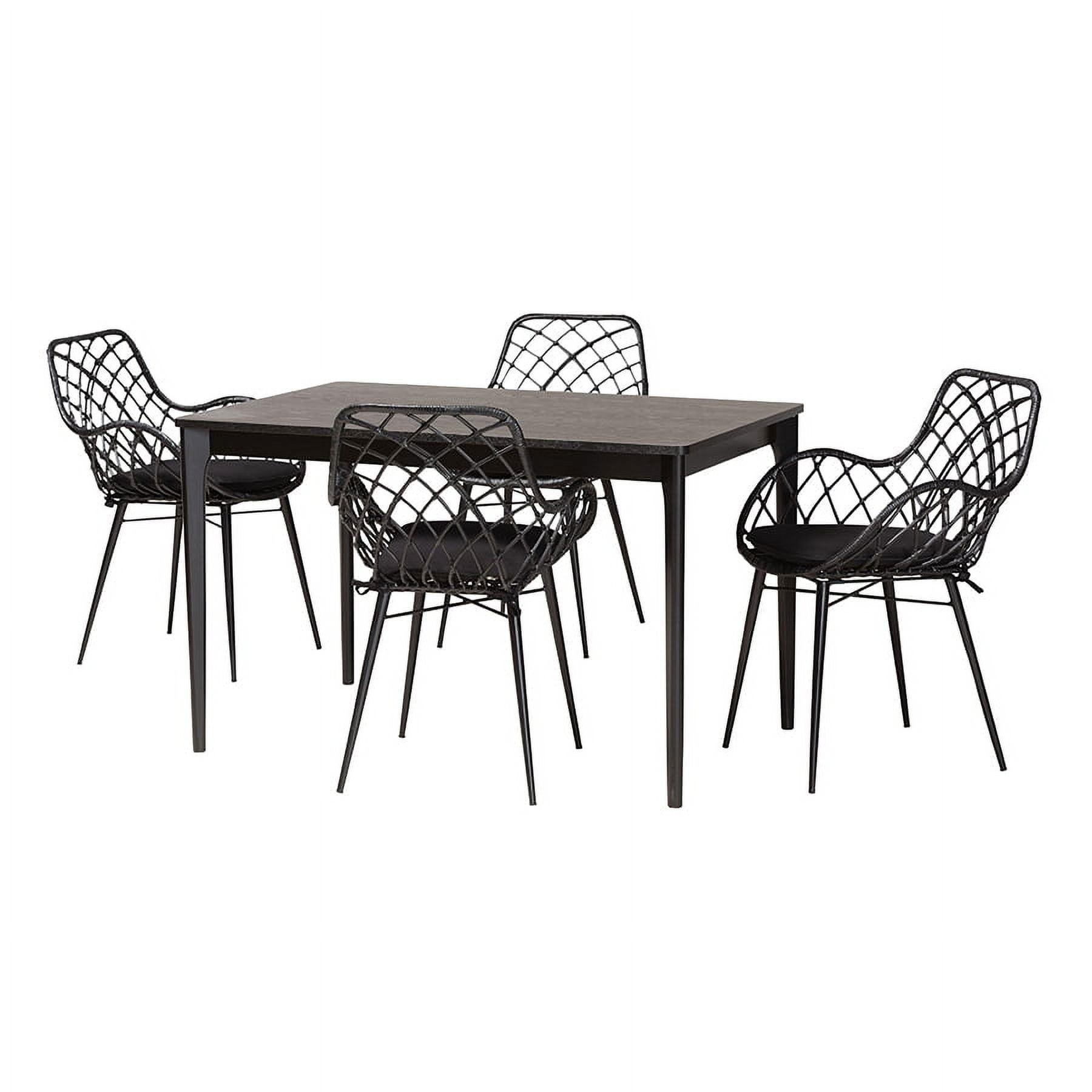 Black Wood and Rattan 5-Piece Dining Set with Cushions