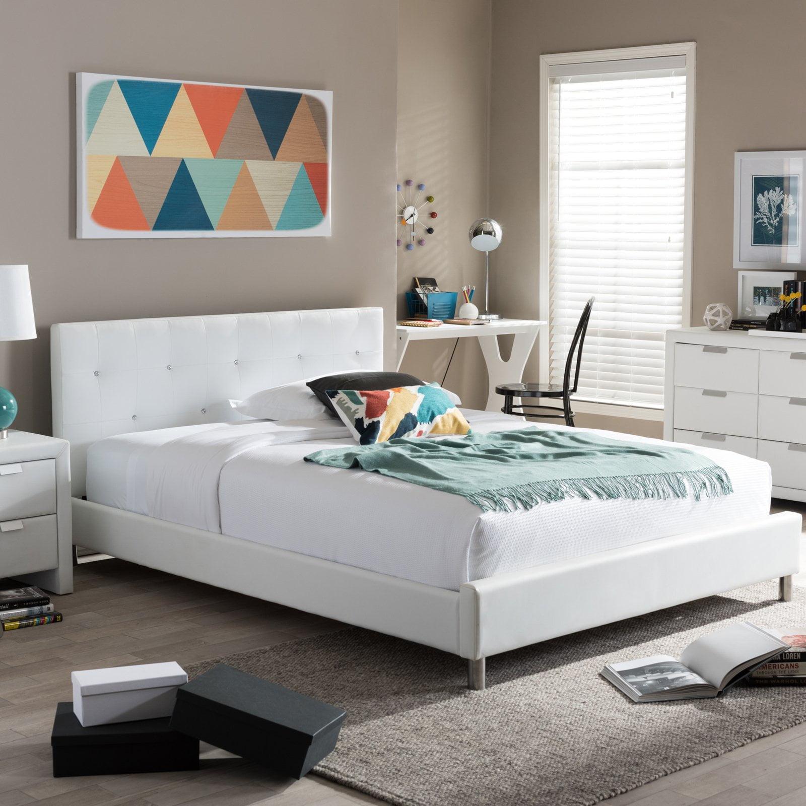 White Queen Upholstered Platform Bed with Tufted Headboard