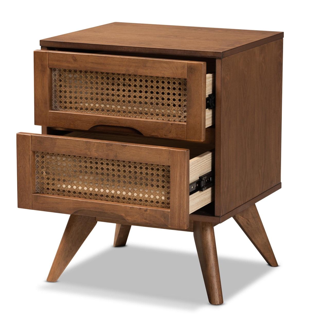 Barrett Wood & Synthetic Rattan Nightstand: 2 Drawers, Angled Legs - Baxton Studio