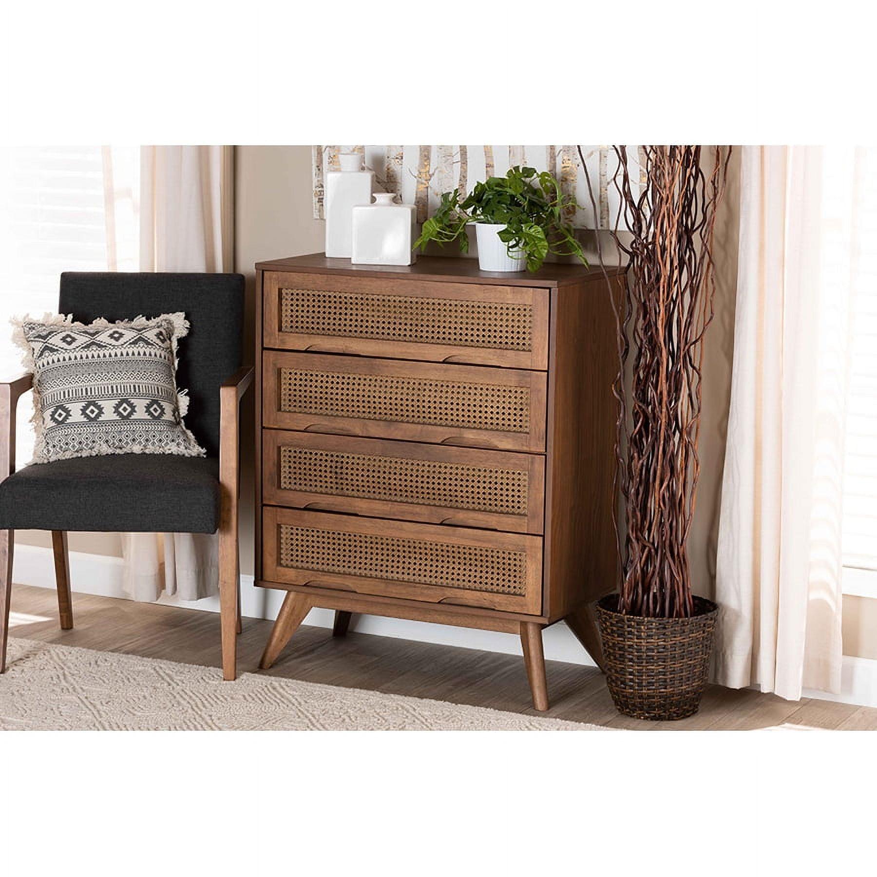 Walnut Brown Mid-Century Wood and Rattan 4-Drawer Chest