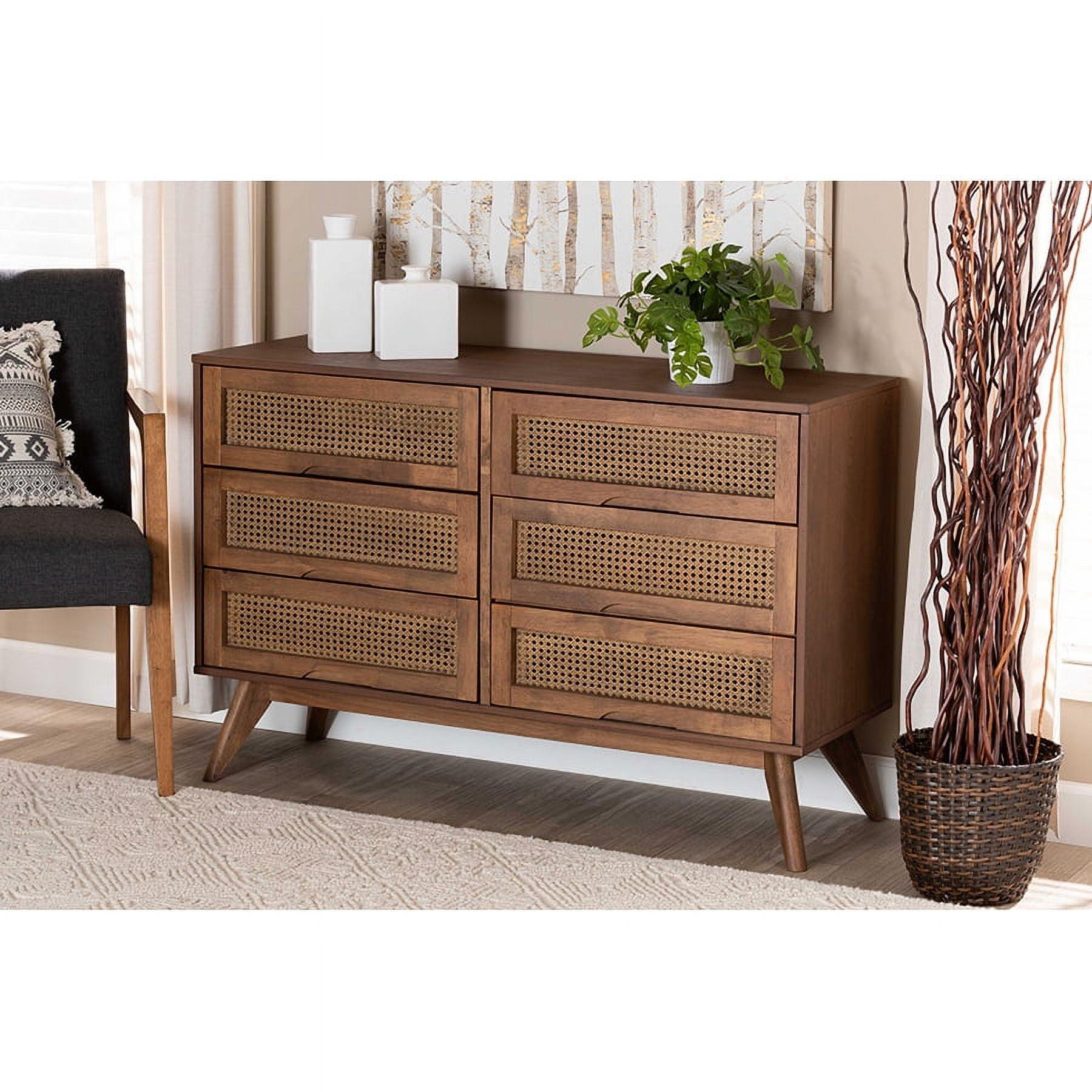 Barrett Wood & Synthetic Rattan Dresser: 6 Drawers, Angled Legs - Baxton Studio