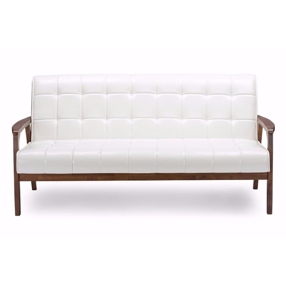 Elegant White Faux Leather Tufted Sleeper Sofa with Wood Accents