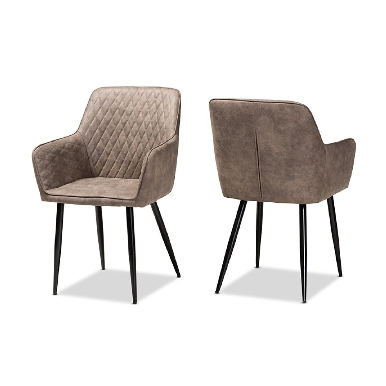 Set of 2 Gray and Brown Quilted Metal Dining Chairs