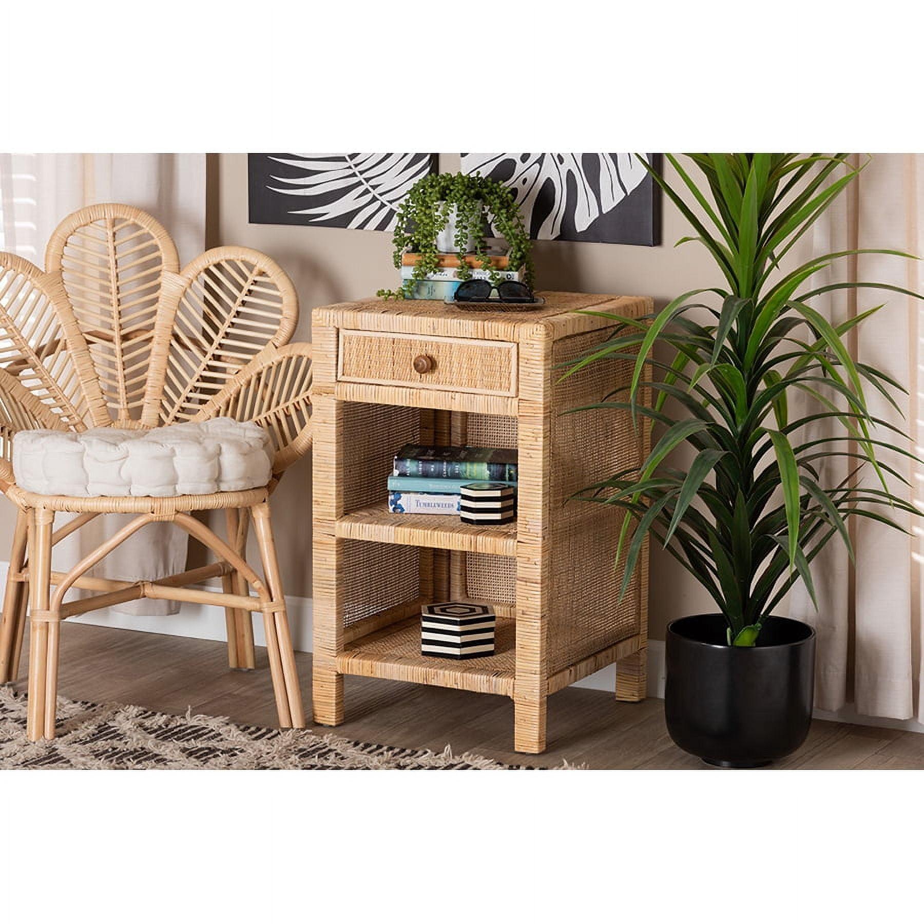 Bella Mahogany Wood and Natural Rattan 1 Drawer Nightstand Natural Brown - Baxton Studio