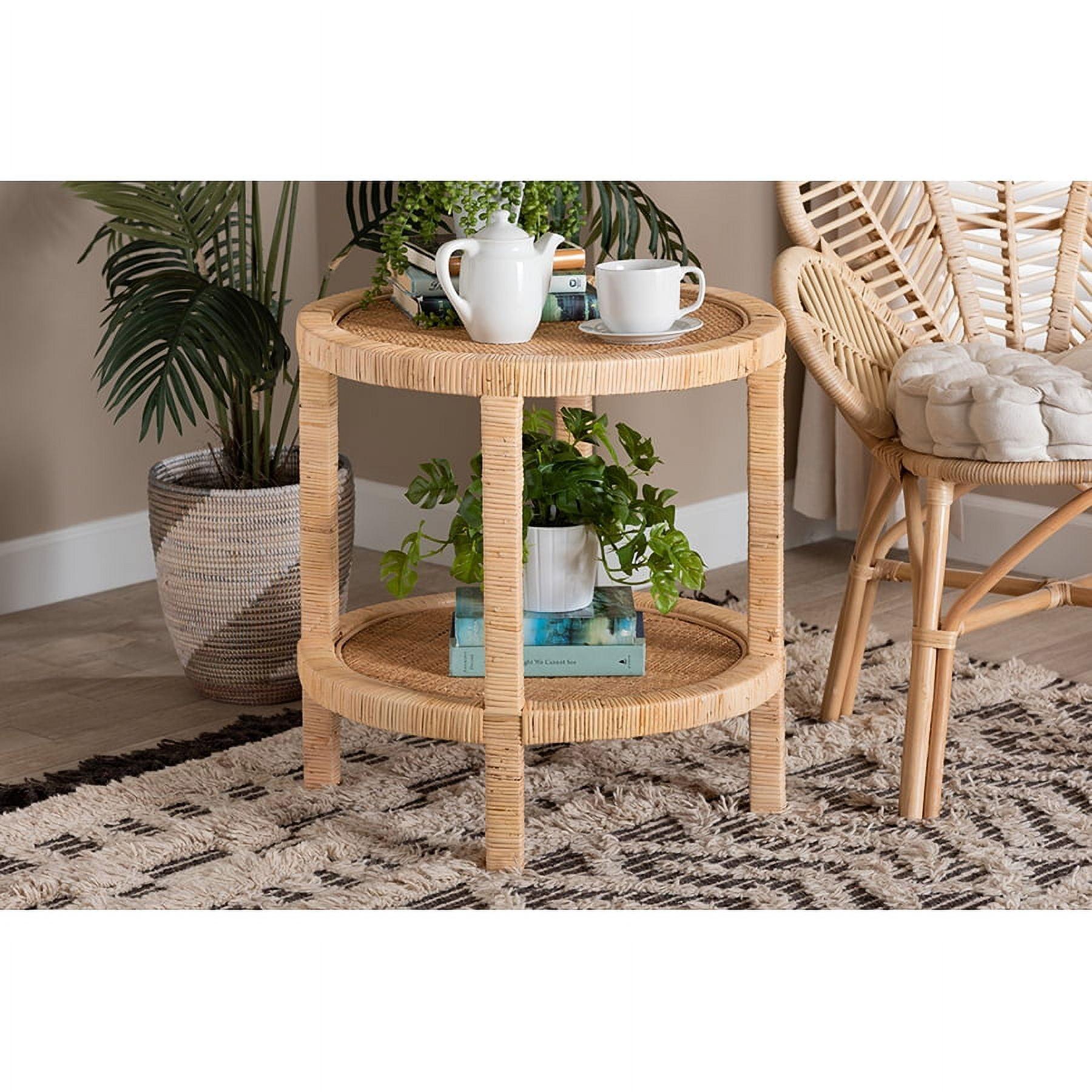 Bella Mahogany Wood and Natural Rattan 2 Tier End Table Natural Brown - Baxton Studio