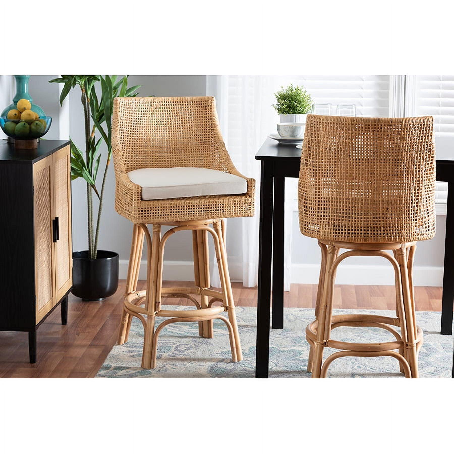 Bella Rattan Bar Stool Natural Brown/White - Baxton Studio: Bohemian Design, Foam Cushion, No Assembly Required