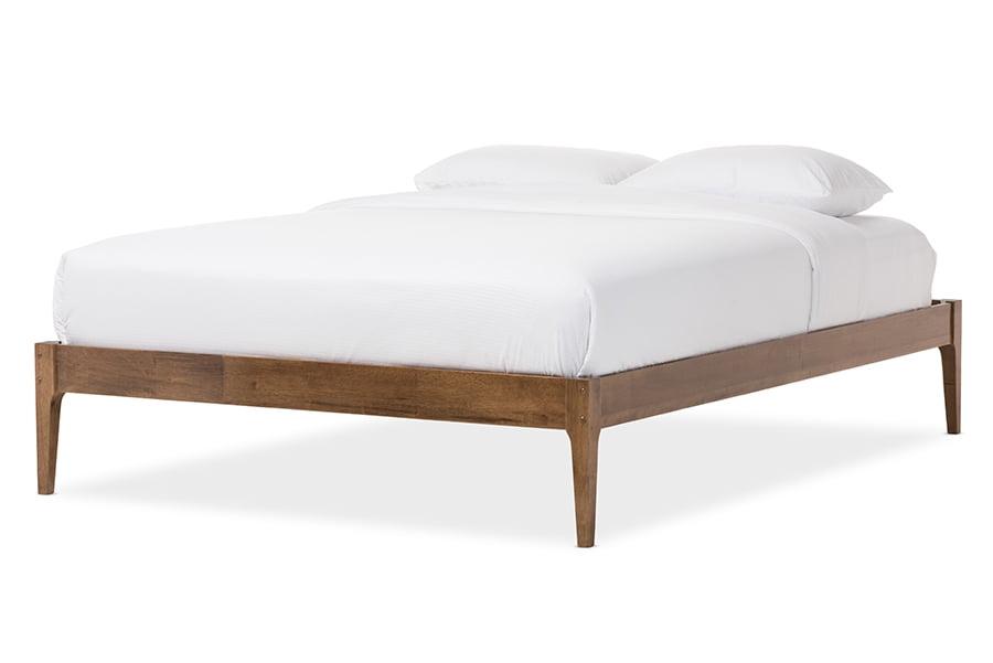 Baxton Studio Queen Bentley Mid-Century Modern Solid Wood Bed Frame Walnut Brown : Rubberwood, No Box Spring Needed