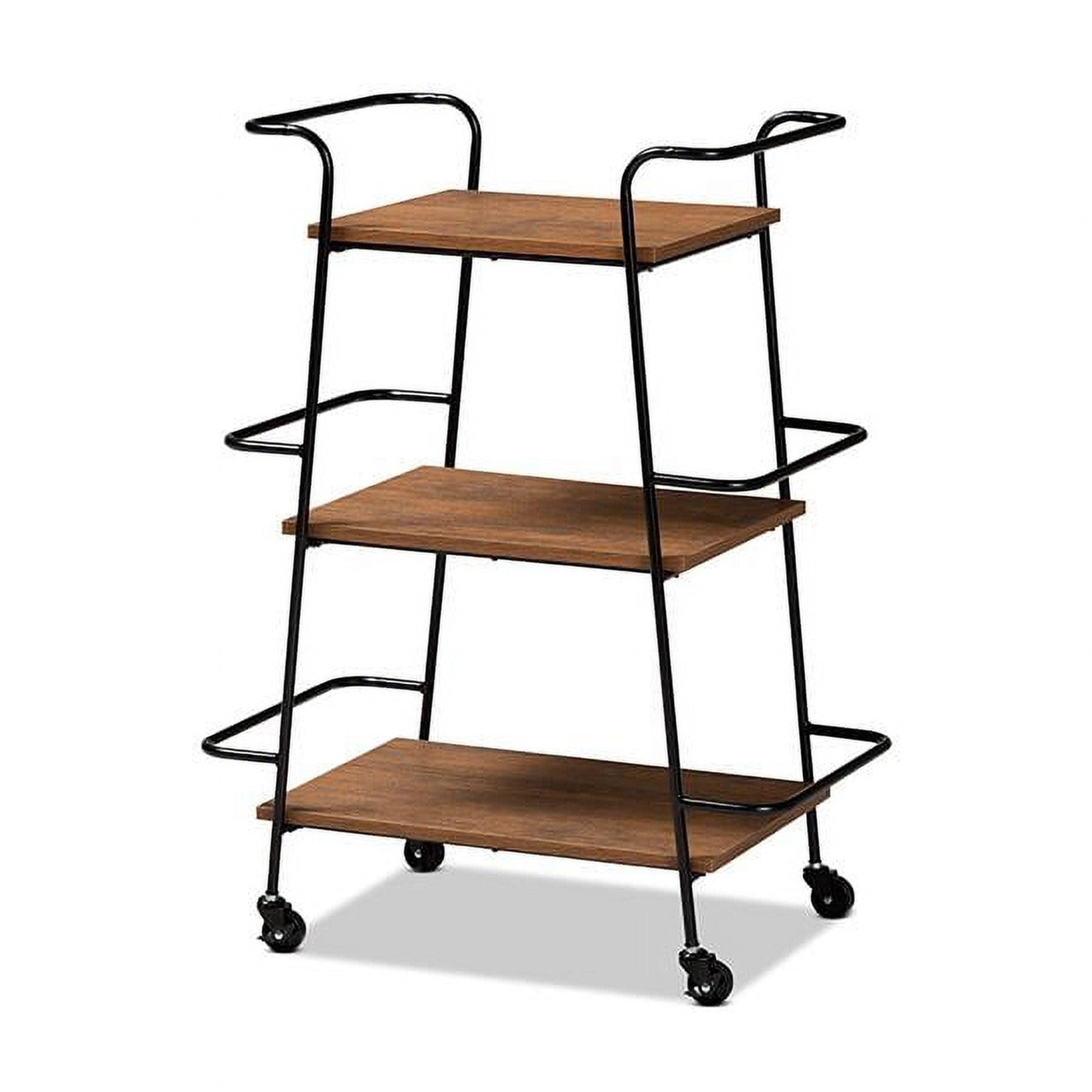 Small Bernard Rustic Industrial Metal and Wood 3 Tier Mobile Wine Bar Cart Black/Walnut - Baxton Studio