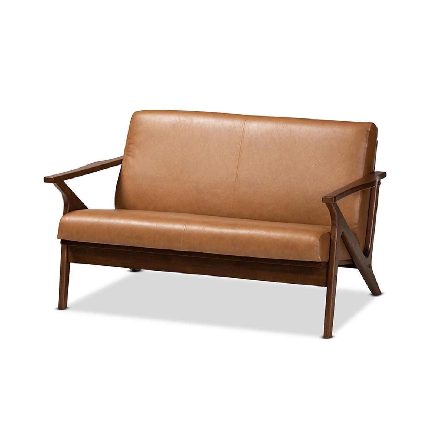 Mid-Century Modern Tan Faux Leather and Walnut Wood Loveseat