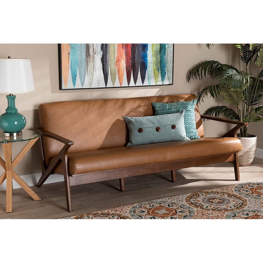 Bianca 72" Tan Faux Leather and Walnut Wood Sofa