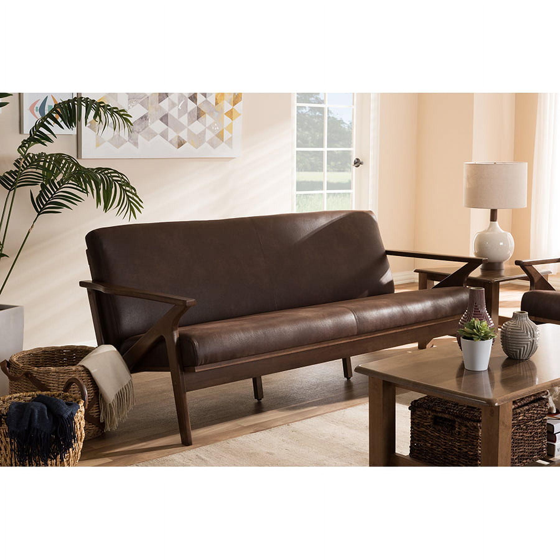 Bianca Mid-Modern Walnut Wood Distressed Faux Leather 3 Seater Sofa Dark Brown - Baxton Studio: Rubberwood Frame, Vintage Style