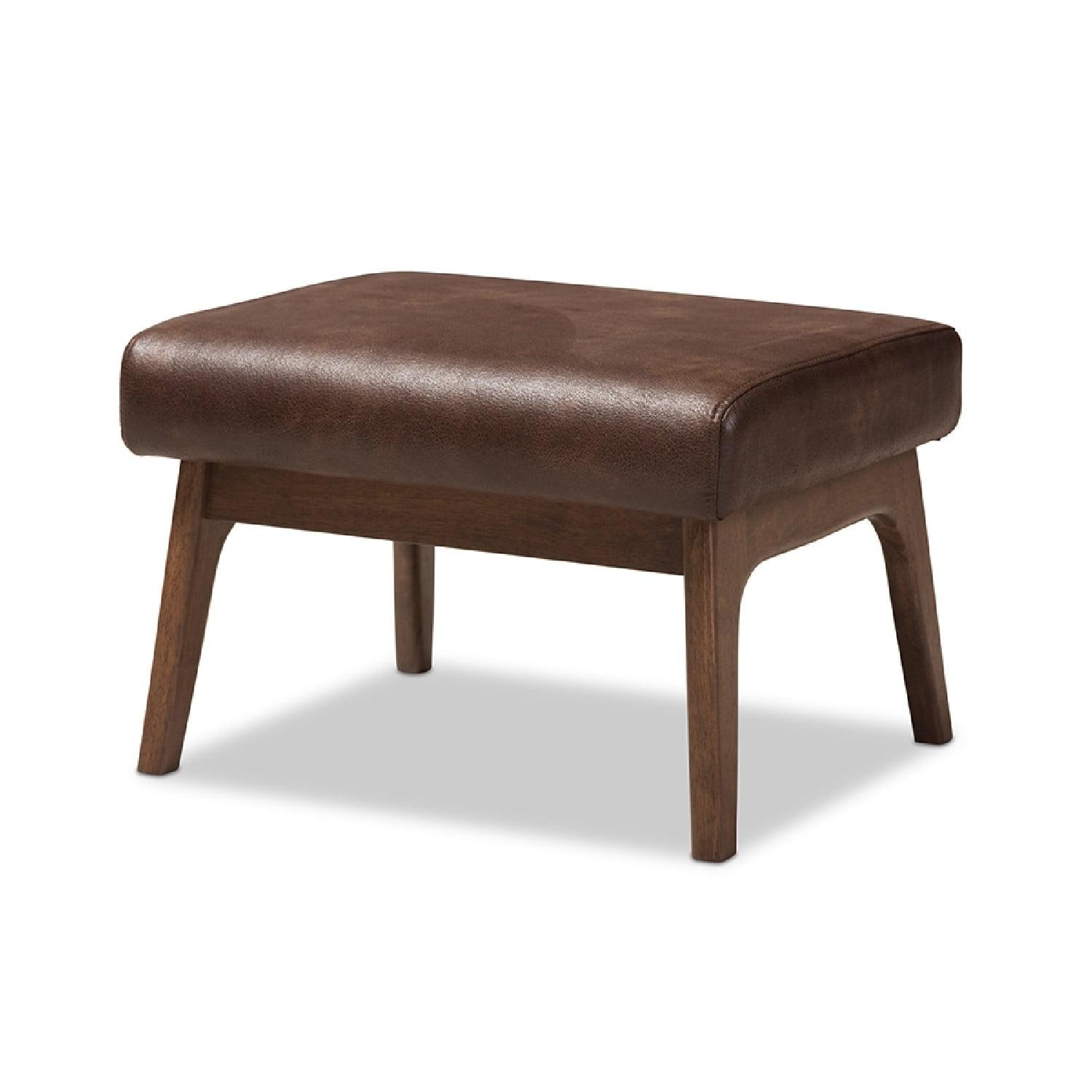 Bianca 19'' Walnut Wood Distressed Dark Brown Faux Leather Ottoman