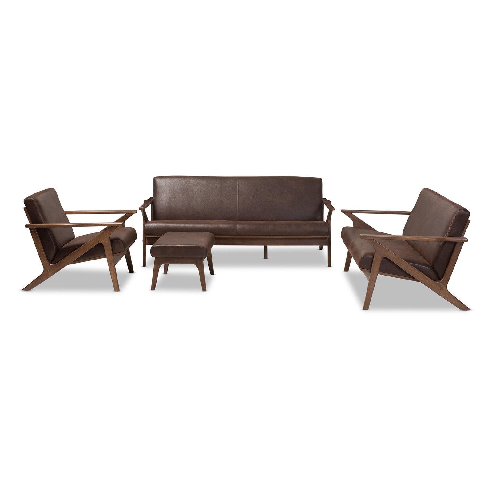 Bianca Mid-Century Walnut Wood Dark Brown Faux Leather Sofa Set