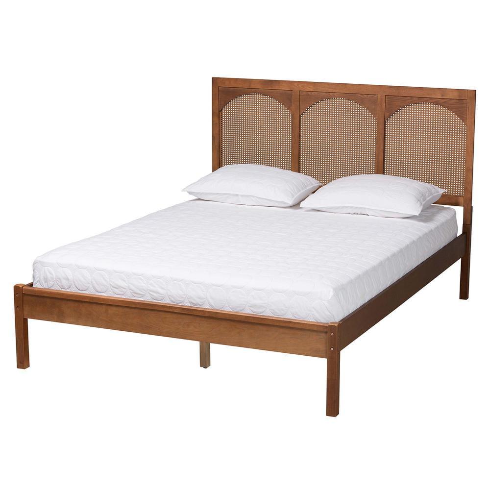 Queen Walnut Wood and Rattan Platform Bed with Headboard