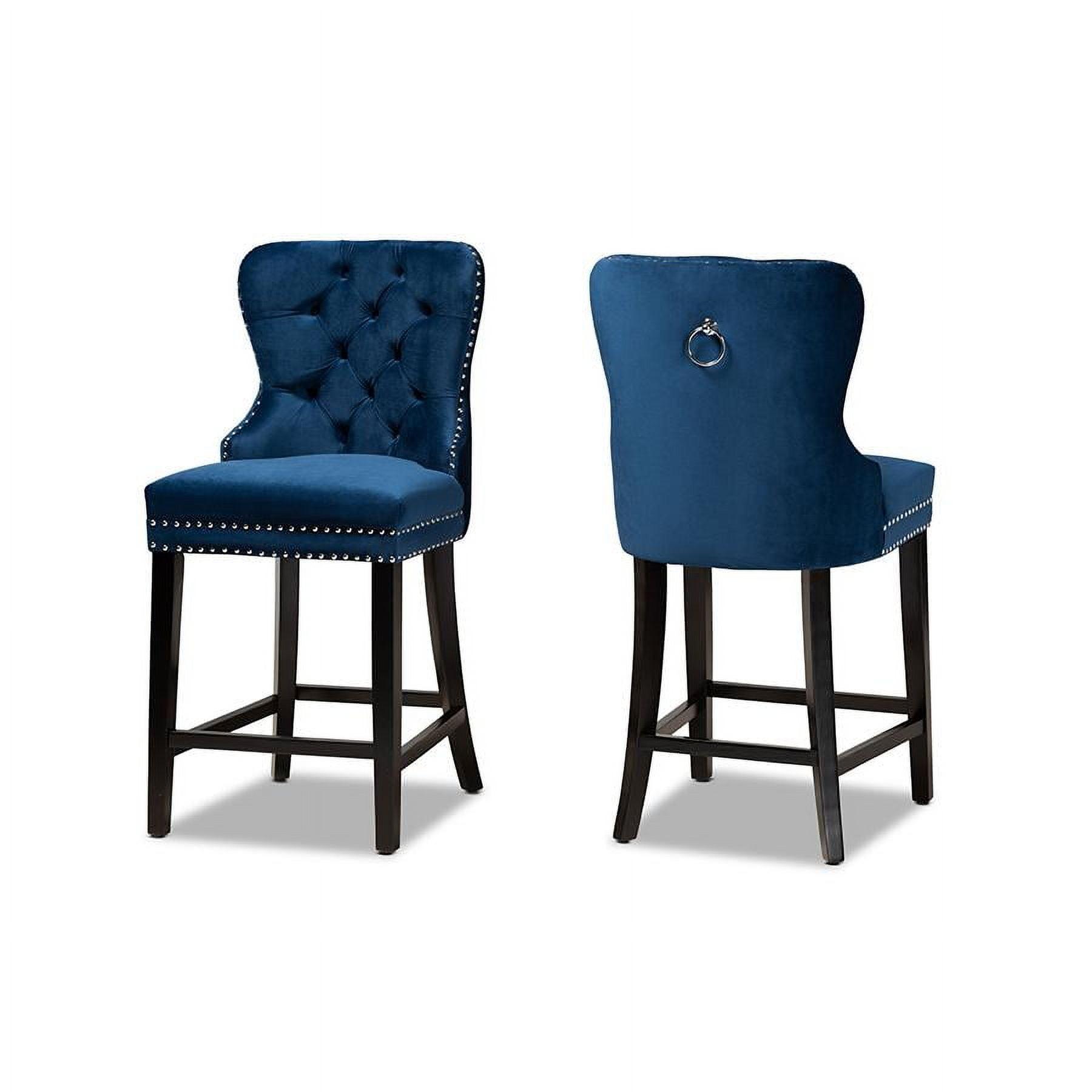 2pc Howell Modern Velvet Upholstered Wood Counter Height Barstool Set Blue/Brown - Baxton Studio: Polyester, Fixed Height