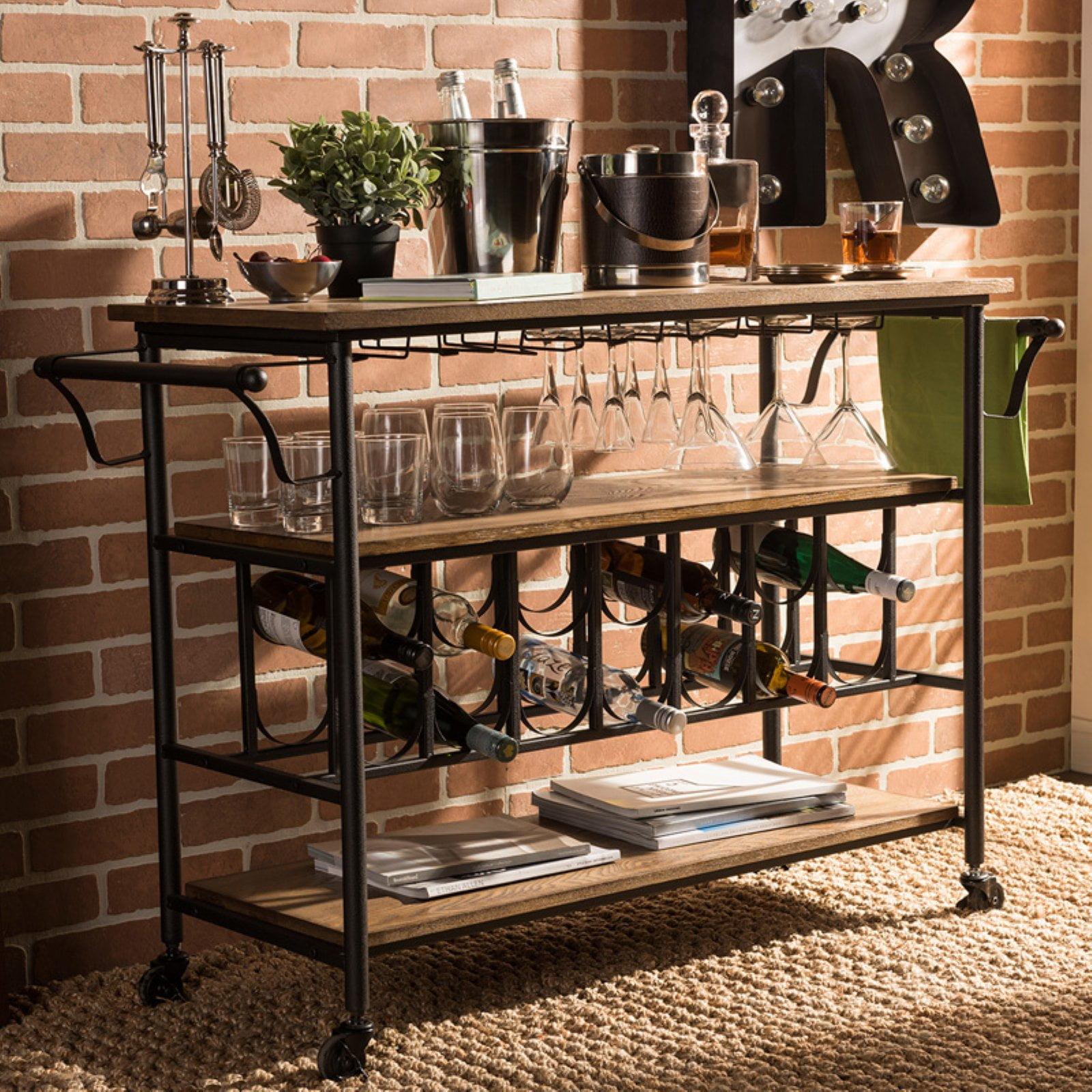 Bradford Industrial Antique Black Distressed Wood Bar Cart: Glass Racks, Towel Holders - Baxton Studio