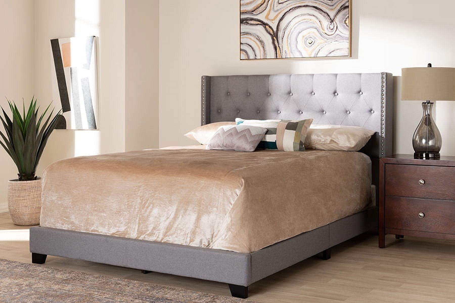 King-Sized Brady Bed with Nailhead Trim Light Gray Upholstered Frame