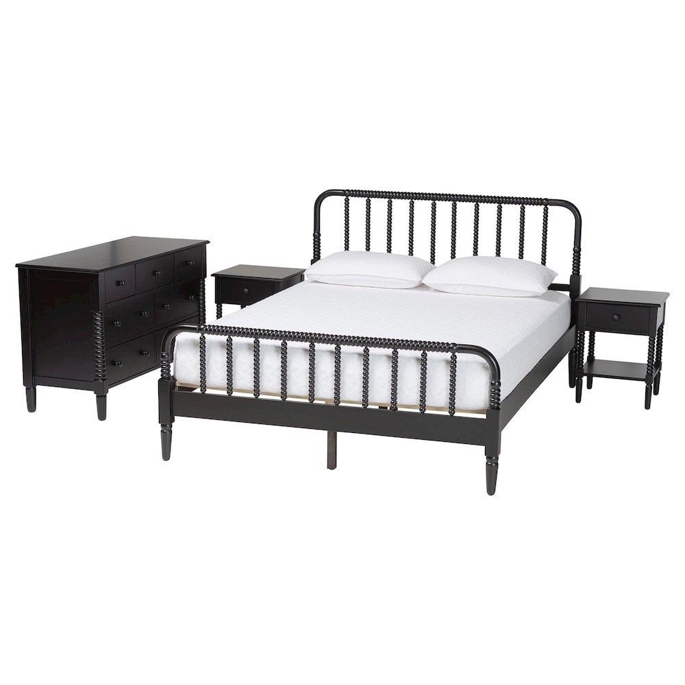 Baxton Studio Braith Farmhouse Black Spindle Wood Queen Size 4-Piece Bedroom Set