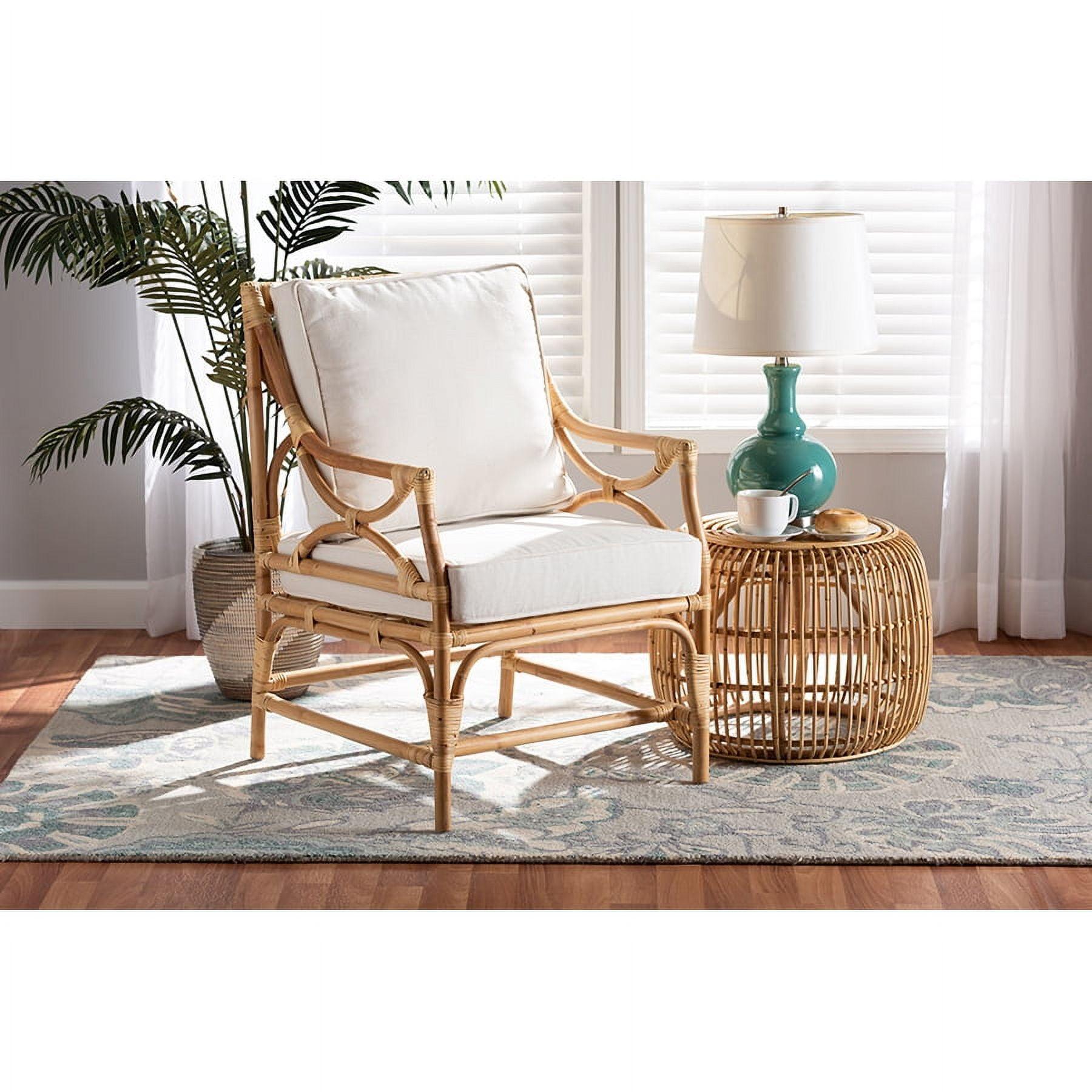 Natural Brown Rattan Armchair with White Cushions