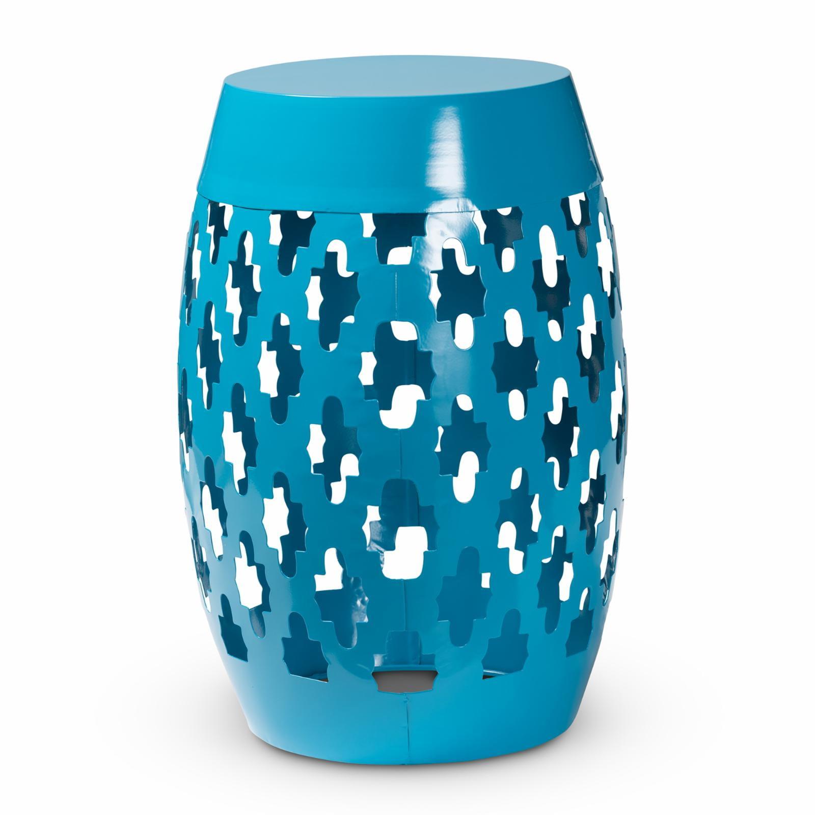 Blue Geometric Cut-Out Metal Barrel Side Table