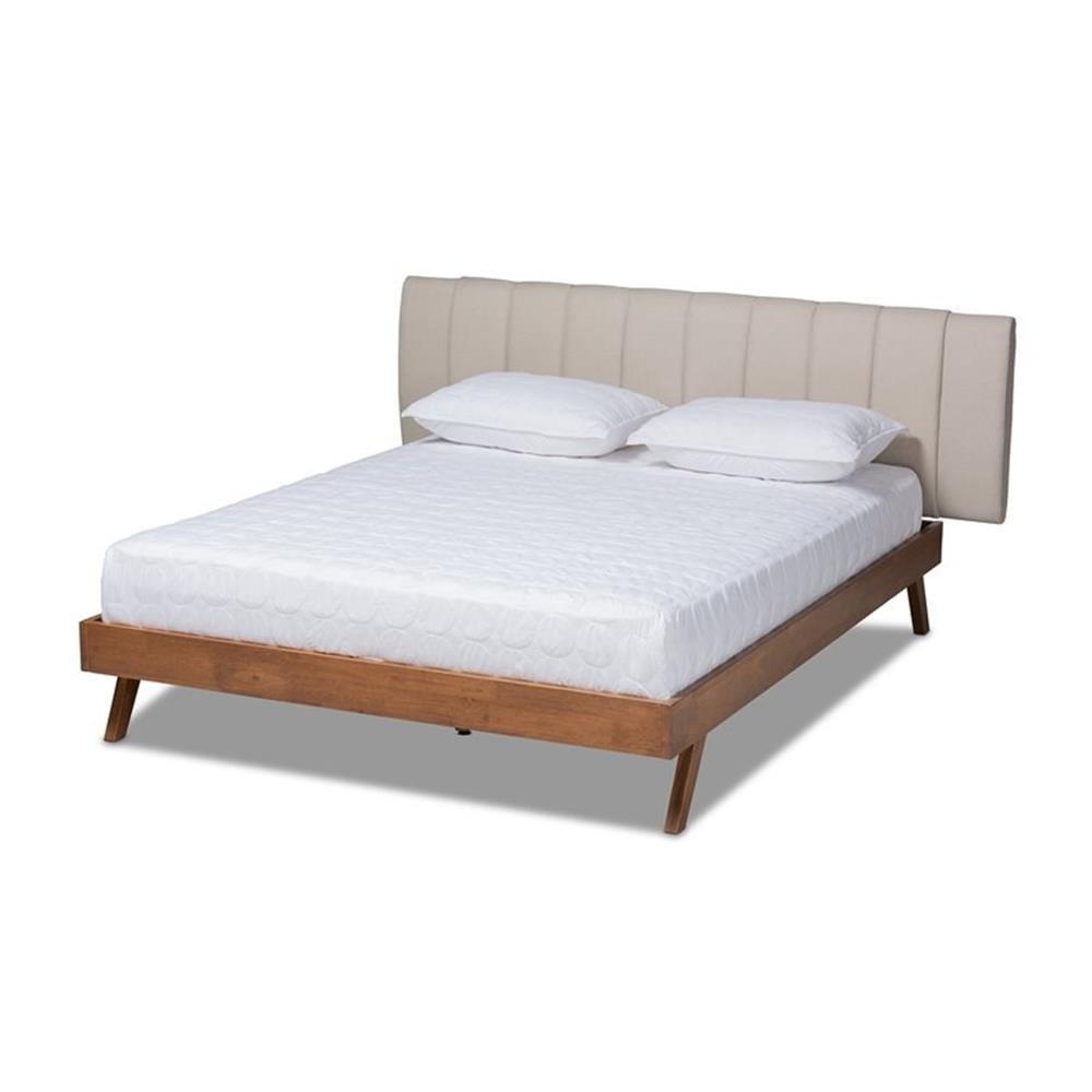 Brita Light Beige Walnut Wood Queen Bed with Tufted Upholstered Headboard