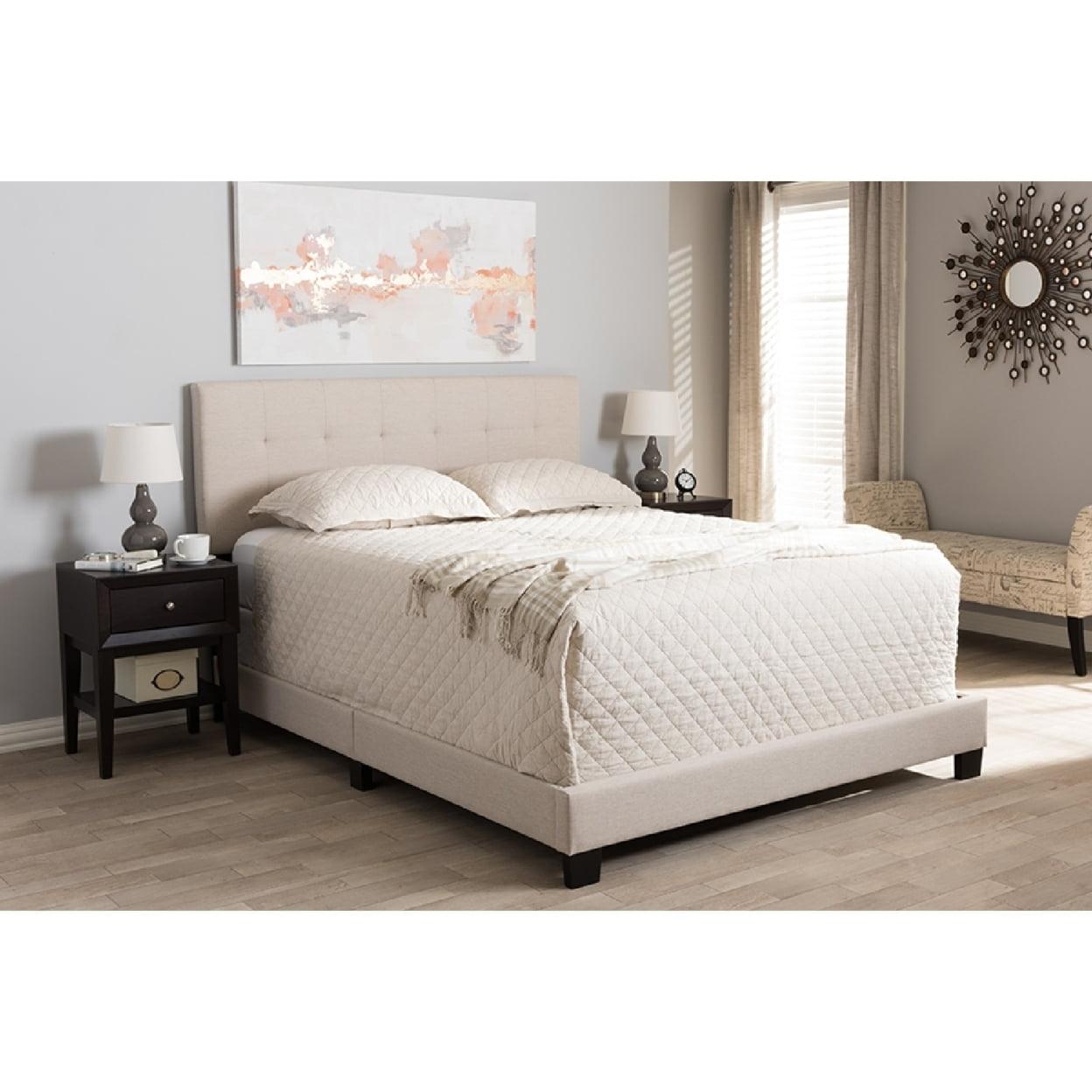 Beige Tufted Upholstered Queen Bed with Wood Frame