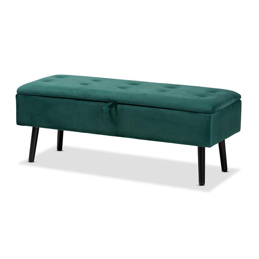 Caine Green Velvet Upholstered Storage Bench with Dark Wood Legs