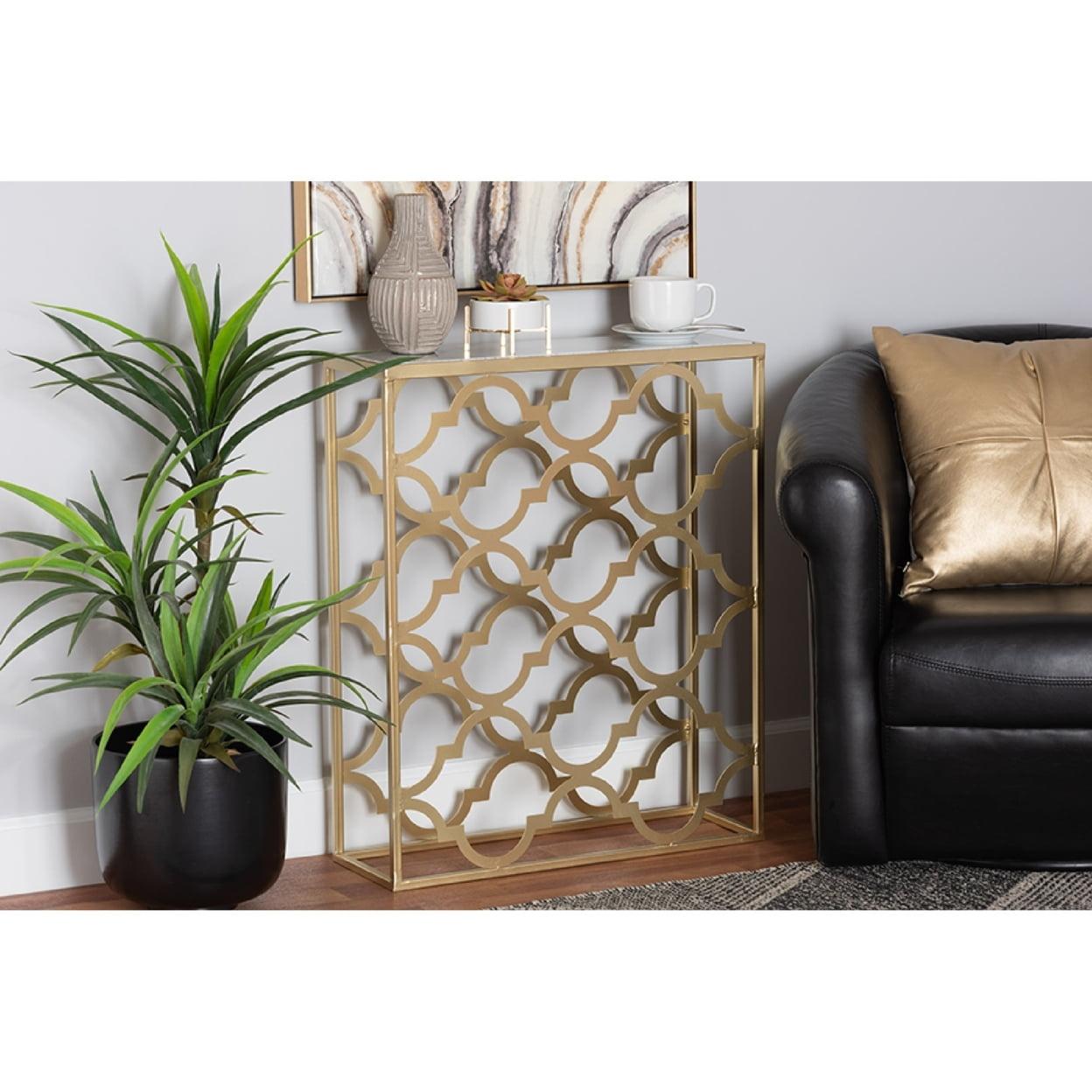 Gold Metal Console Table with Marble Top and Storage