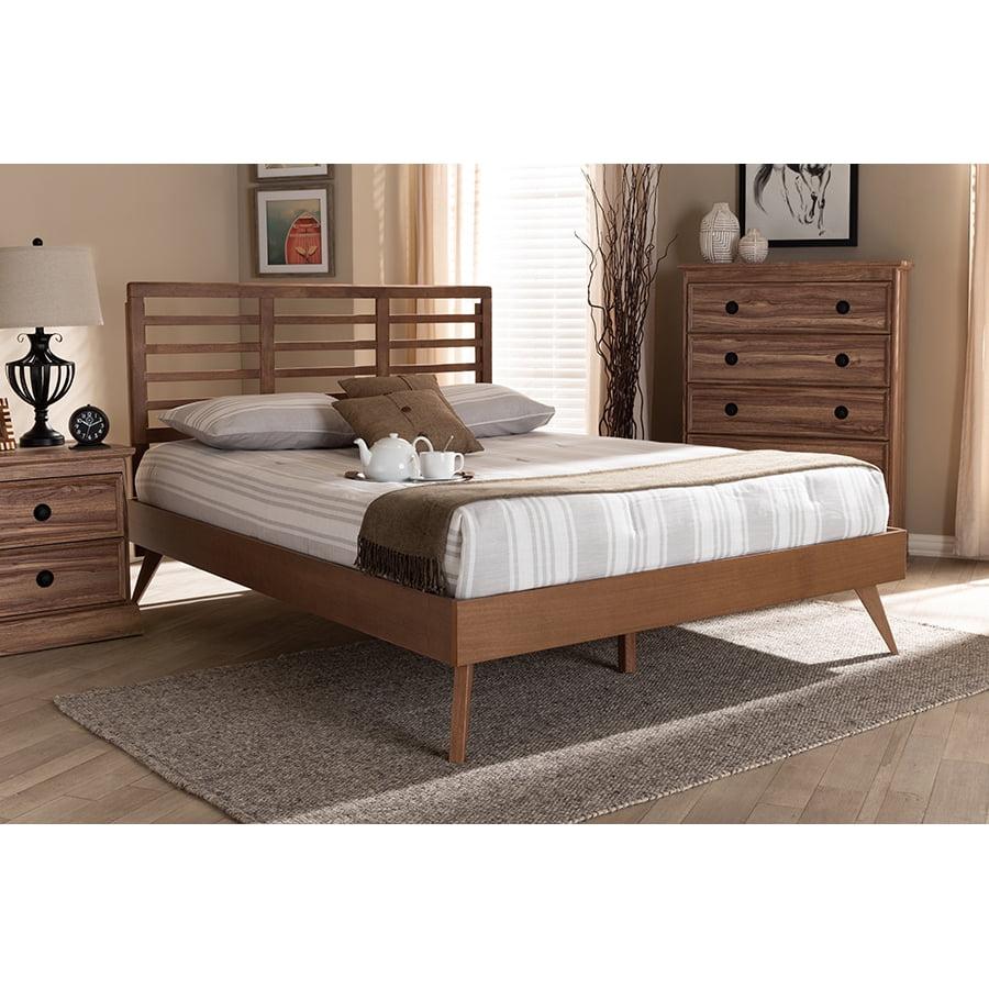 Calisto Walnut Brown Mid-Century Modern Queen Platform Bed with Slatted Headboard