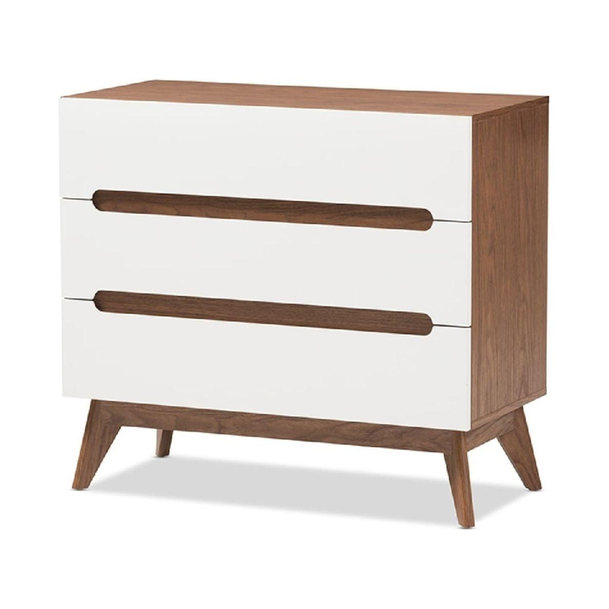 White and Walnut Mid-Century Modern 3-Drawer Chest