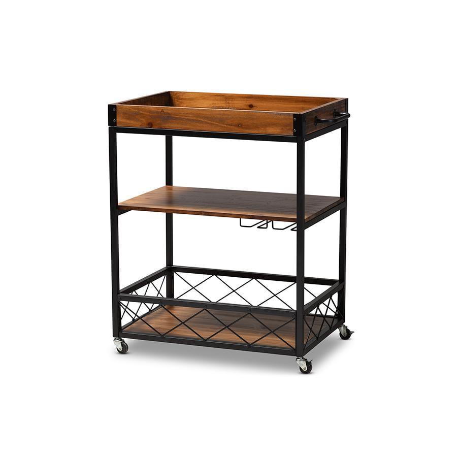Livi Homes Paloma Mobile Metal Bar Cart with Stemware Rack in Vintage Rustic Industrial Oak Brown and Black