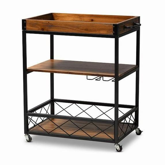 Livi Homes Paloma Mobile Metal Bar Cart with Stemware Rack in Vintage Rustic Industrial Oak Brown and Black