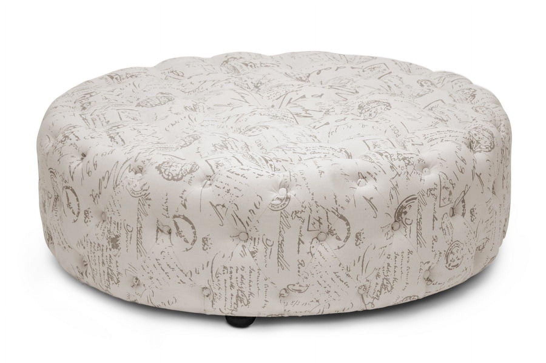 Cardiff Script Print Modern Tufted Ottoman - Baxton Studio: Circular, Linen Upholstery, Wood Legs