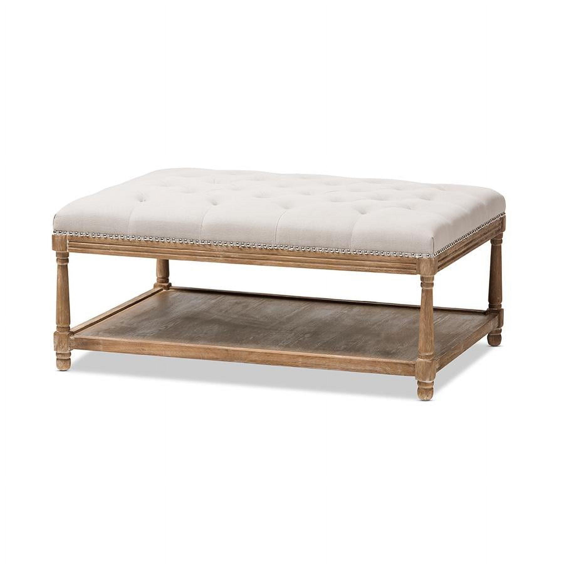 Carlotta French Country Weathered Oak Linen Rectangular Coffee Table Ottoman Beige - Baxton Studio: Elegant Tufted Design, Storage Shelf