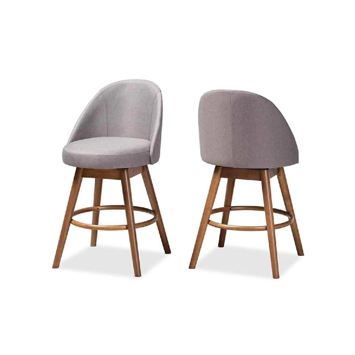 Gray Fabric Upholstered Walnut Wood Swivel Counter Stools, Set of 2