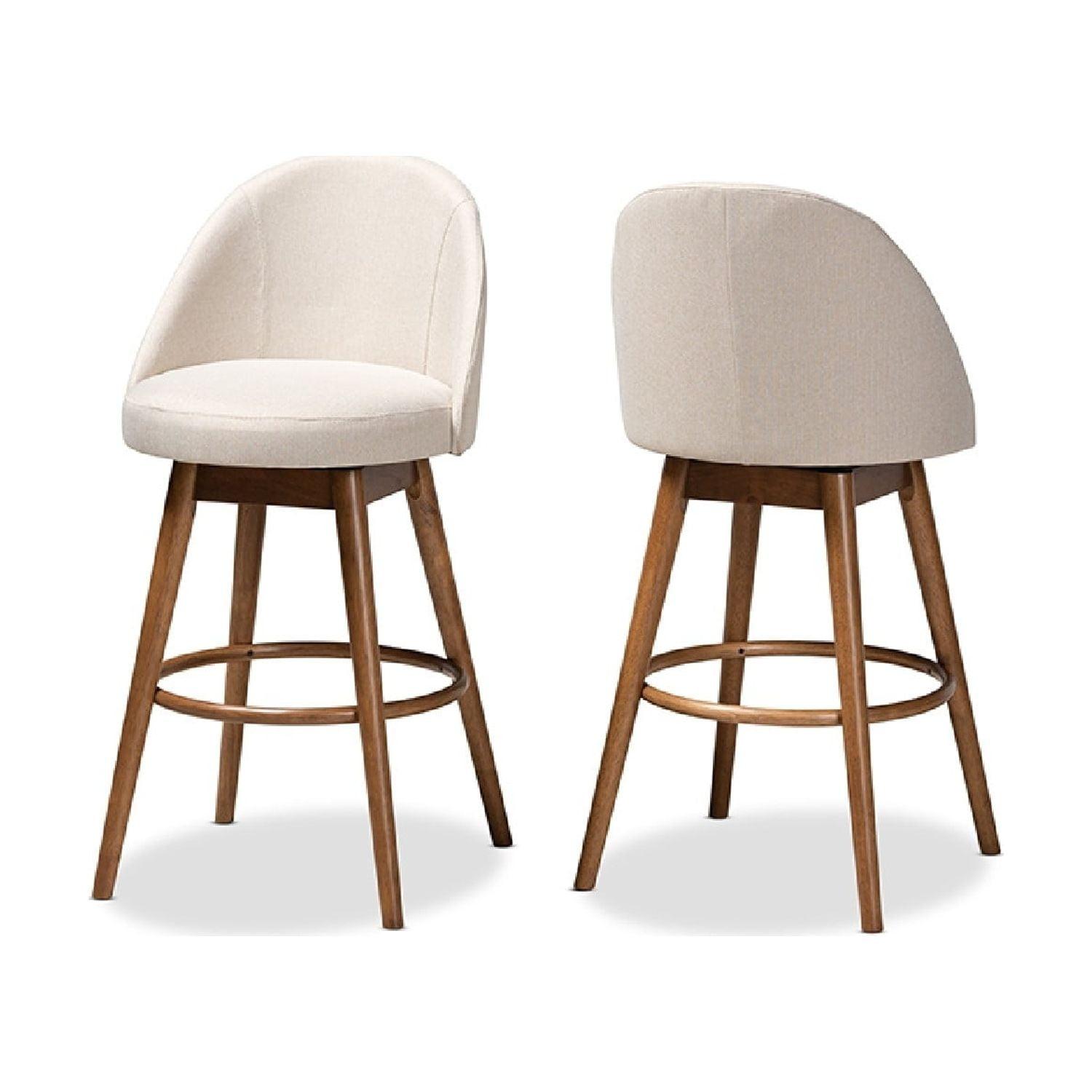 Light Beige Upholstered Walnut Wood Swivel Bar Stools, Set of 2