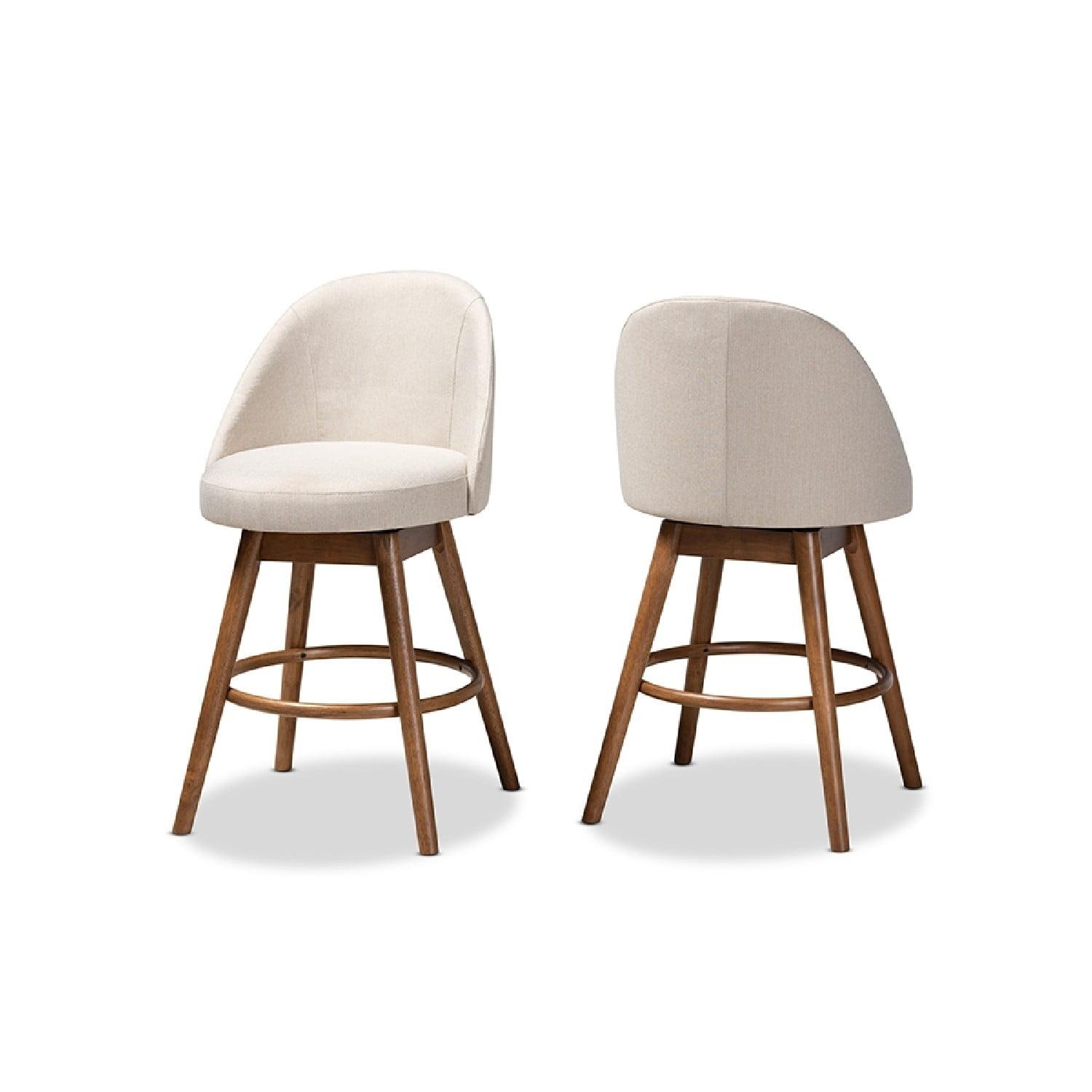 Light Beige Fabric Upholstered Walnut Wood Swivel Counter Stool Set