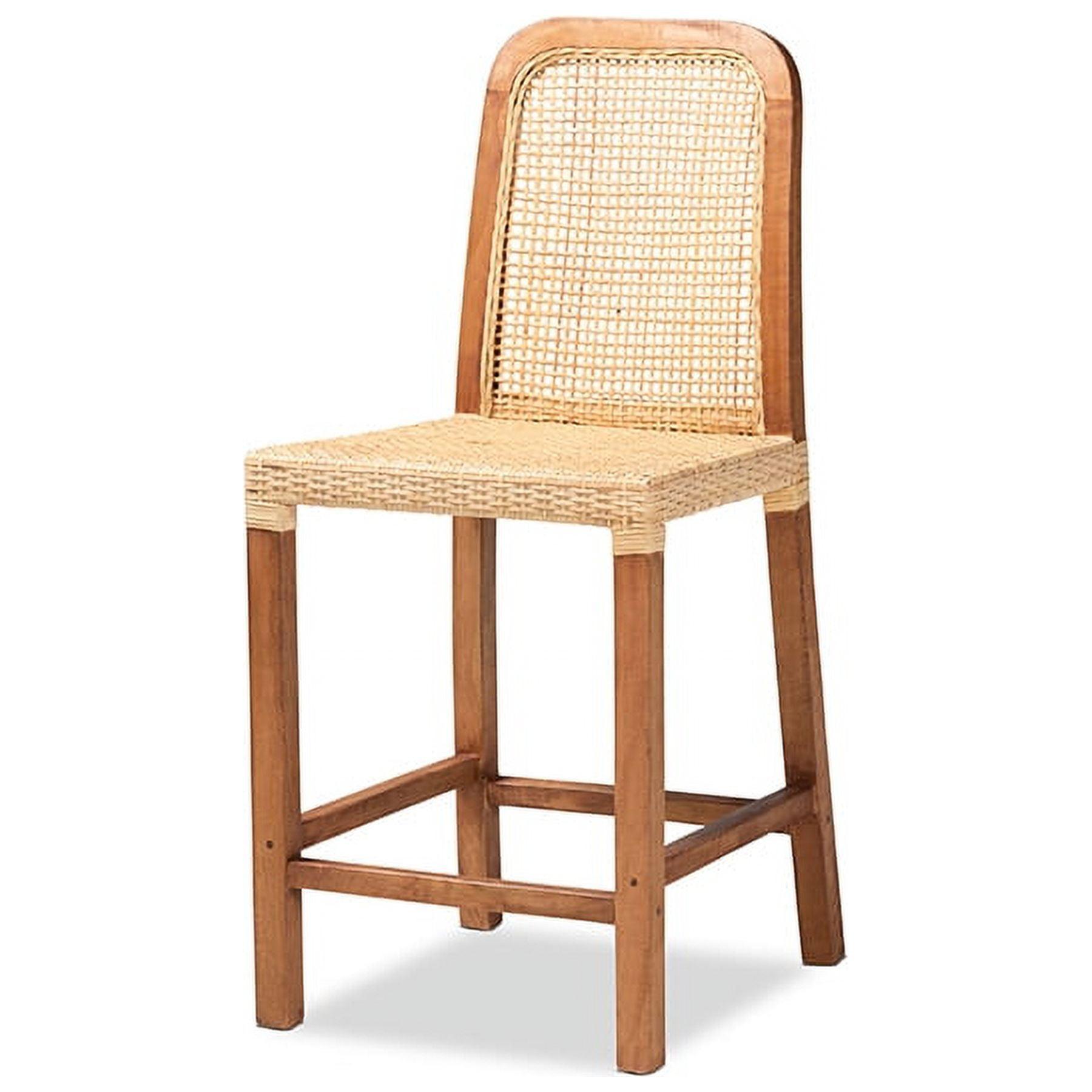 Caspia Mid-Century Walnut Brown Wood & Natural Rattan Counter Stool