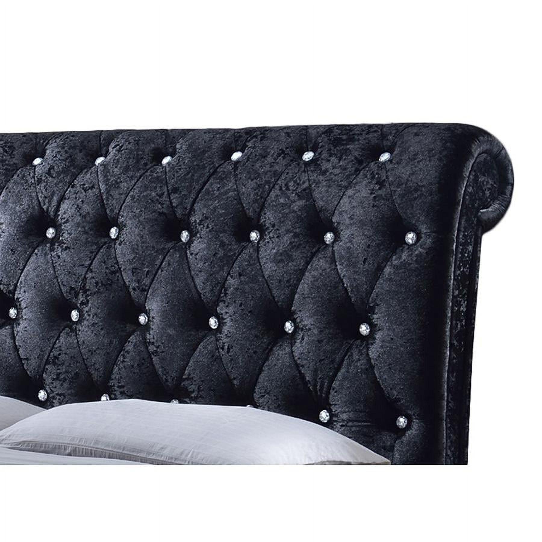 King Size Luxurious Black Velvet Upholstered Bed with Faux Crystal Tufting