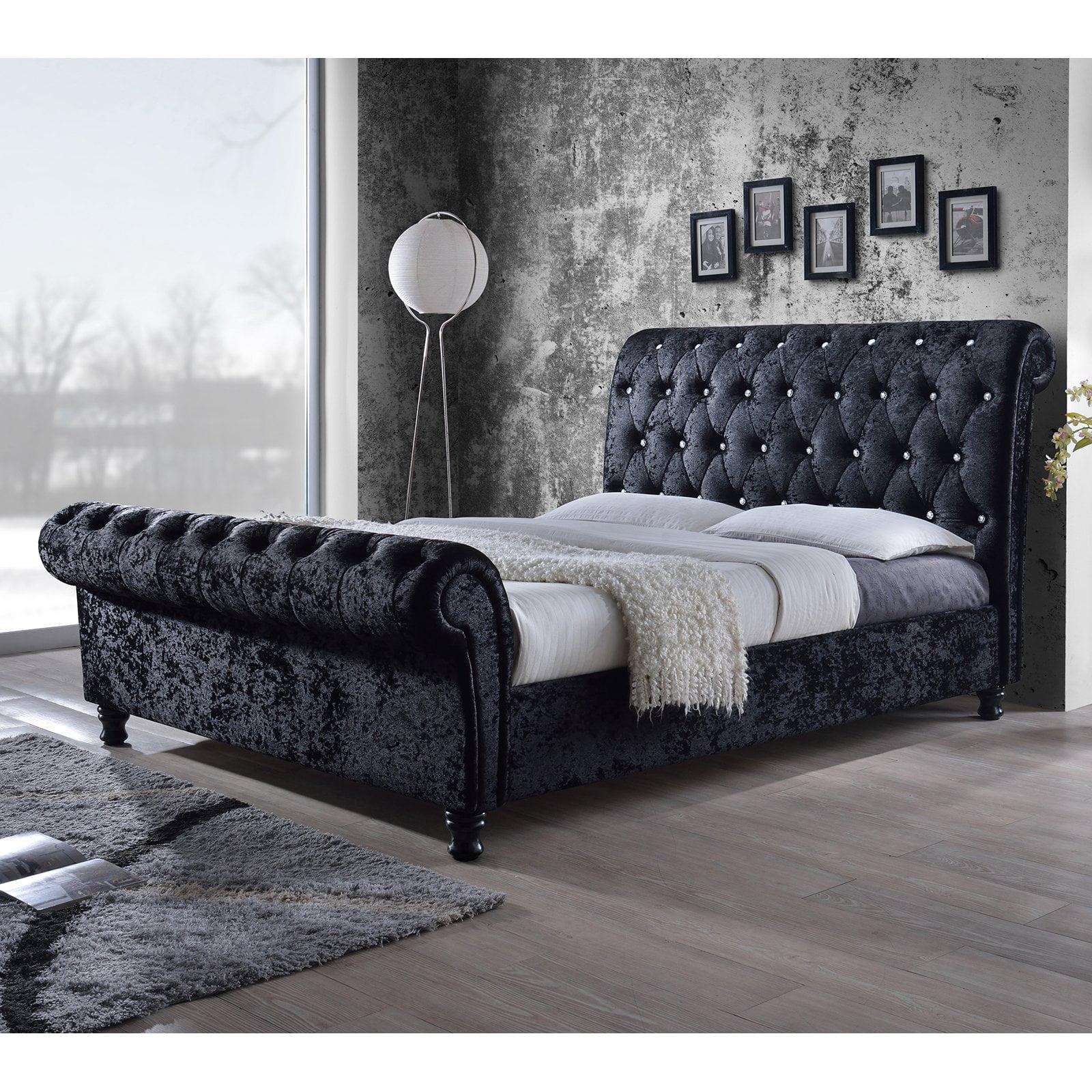 Castello Velvet Upholstered Faux Crystal - Buttoned Sleigh Platform Bed - Baxton Studio